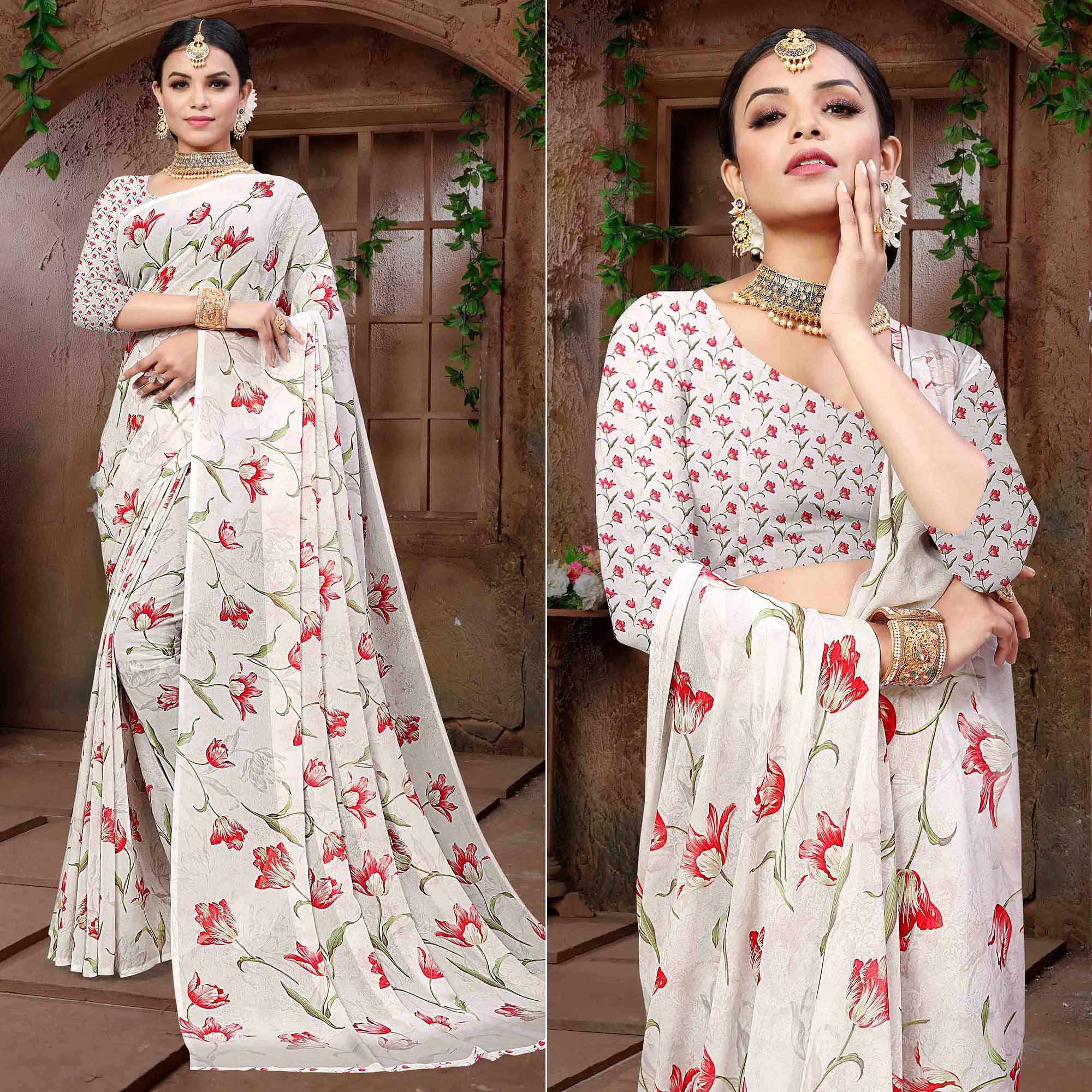 White Digital Printed Georgette Saree - Peachmode