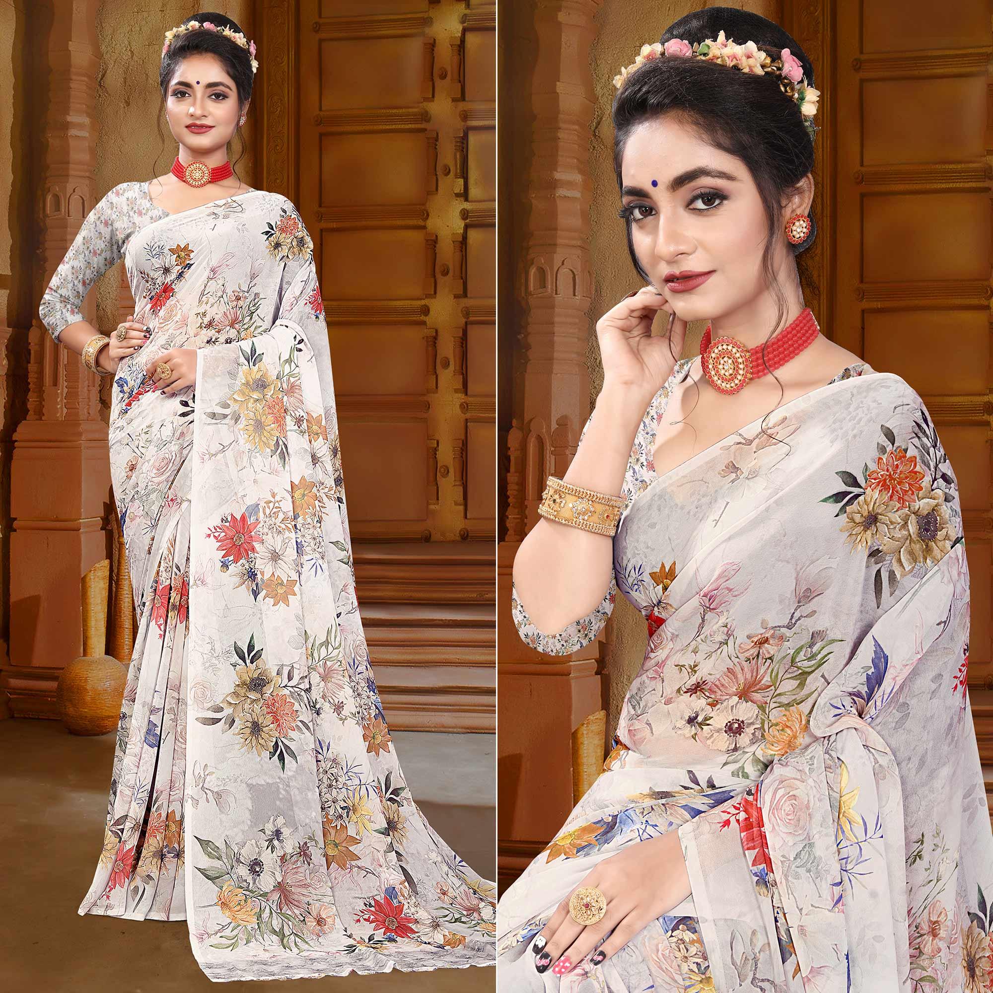 White Digital Printed Georgette Saree - Peachmode