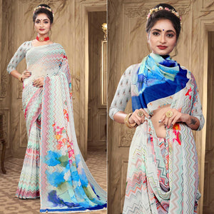 White Digital Printed Georgette Saree - Peachmode