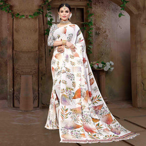 White Digital Printed Georgette Saree - Peachmode