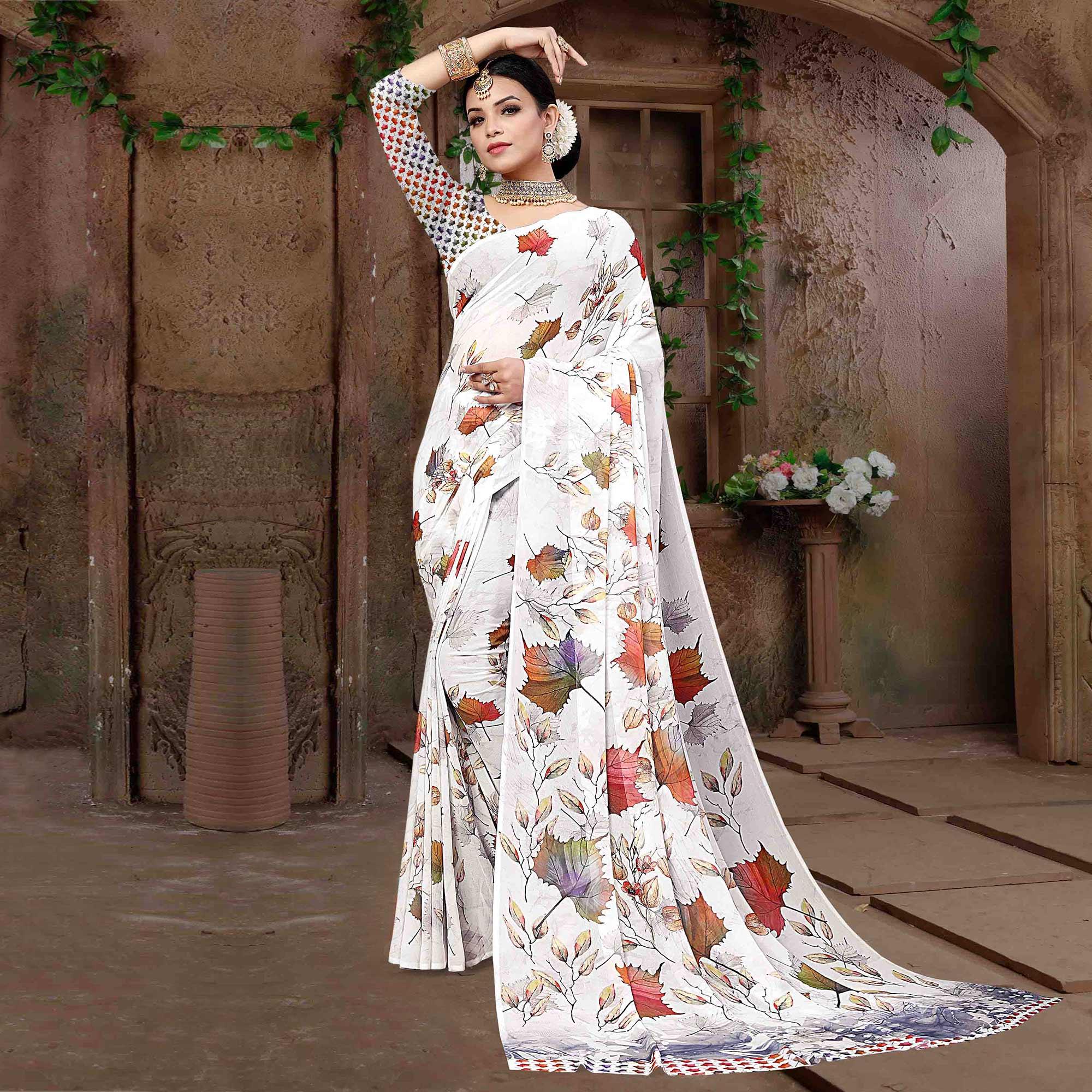 White Digital Printed Georgette Saree - Peachmode