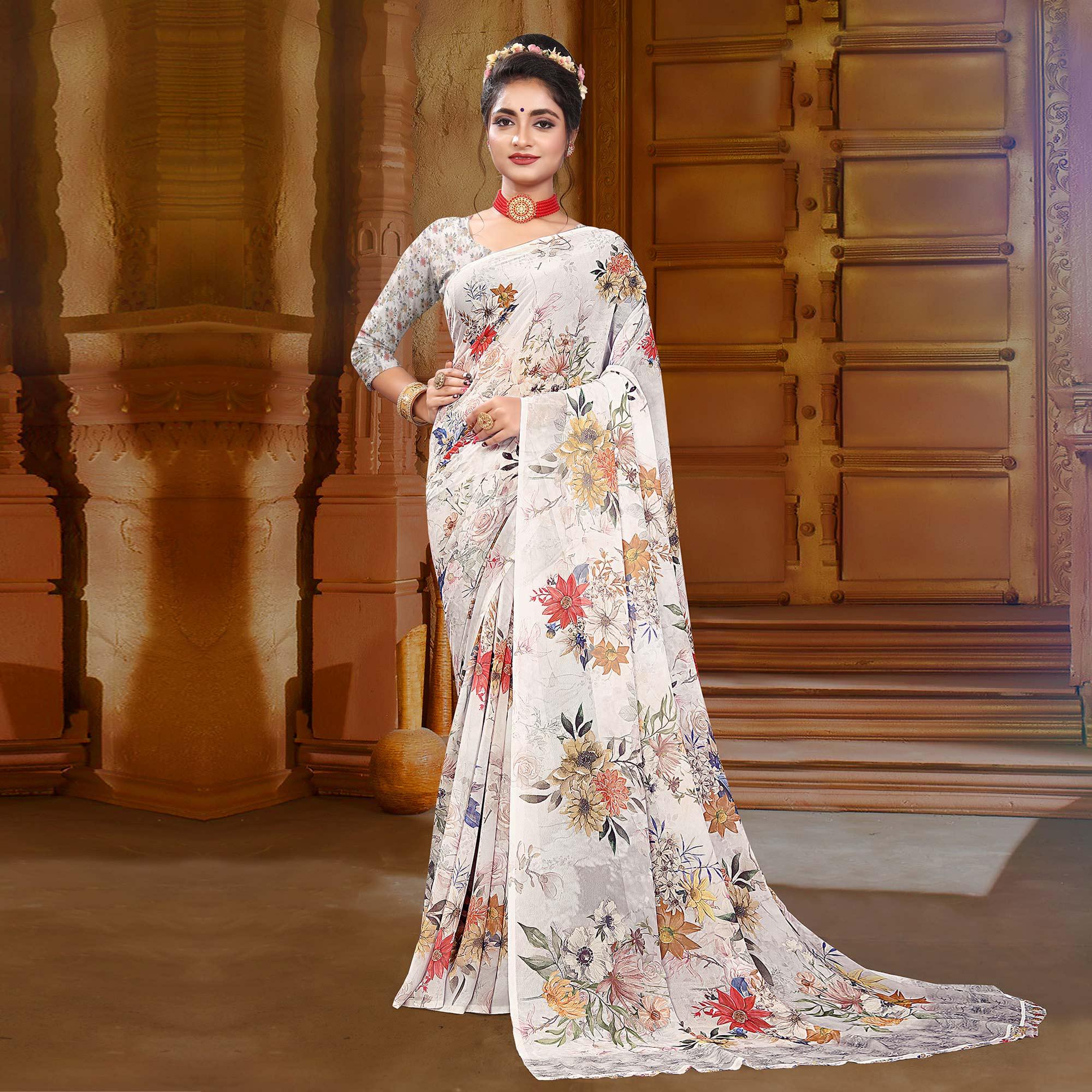 White Digital Printed Georgette Saree - Peachmode