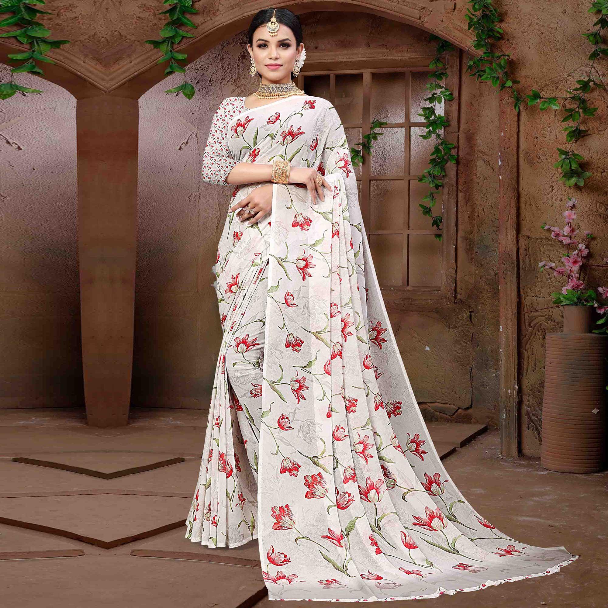 White Georgette Saree In Heavy Pallu 5103SR01