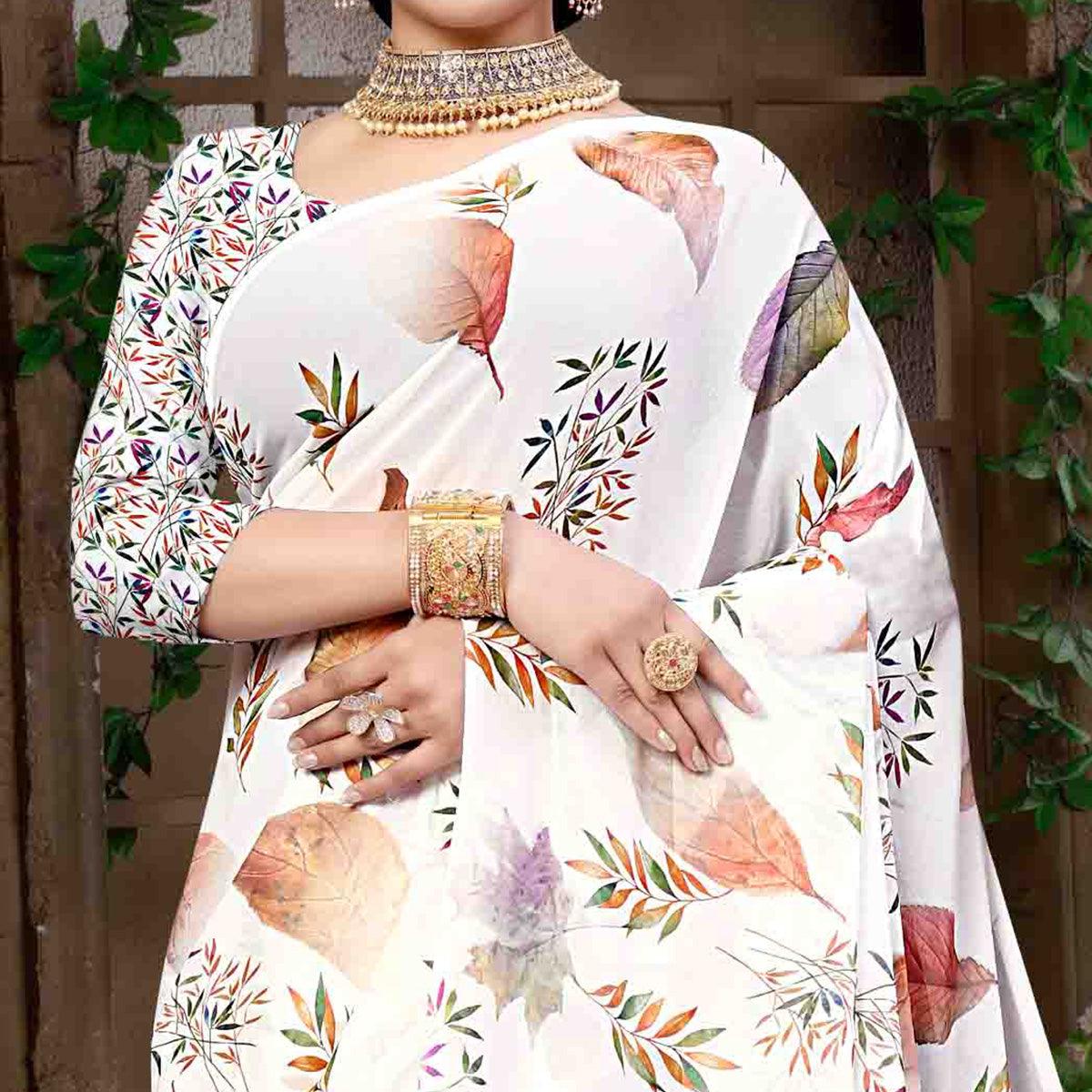 White Digital Printed Georgette Saree - Peachmode