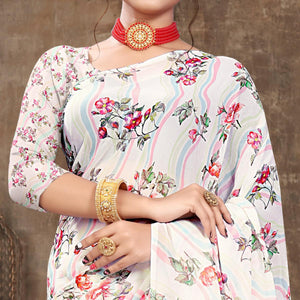 White Digital Printed Georgette Saree - Peachmode