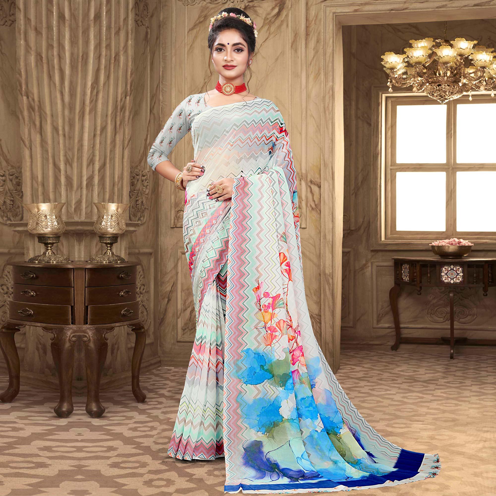White Digital Printed Georgette Saree - Peachmode