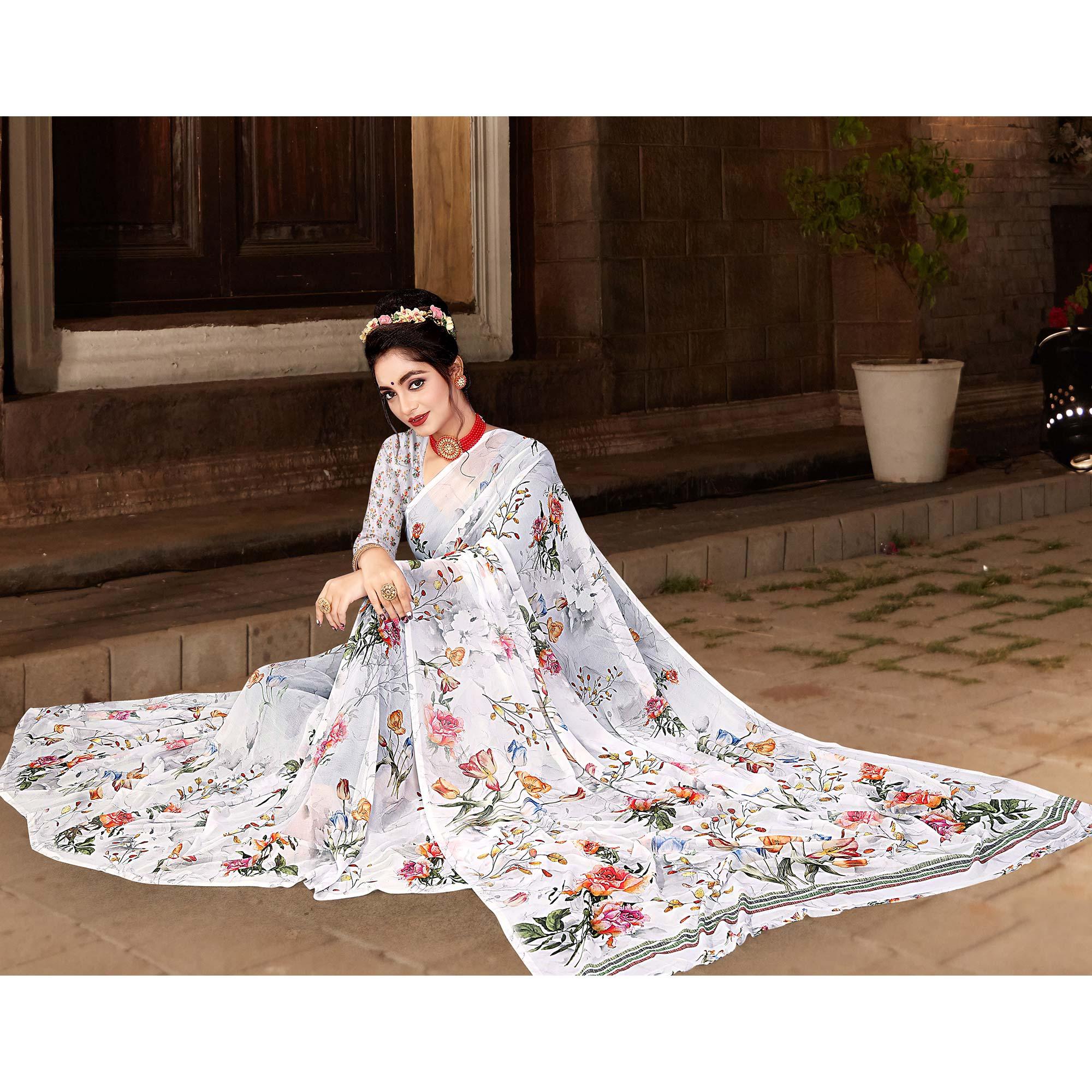 White Digital Printed Georgette Saree - Peachmode