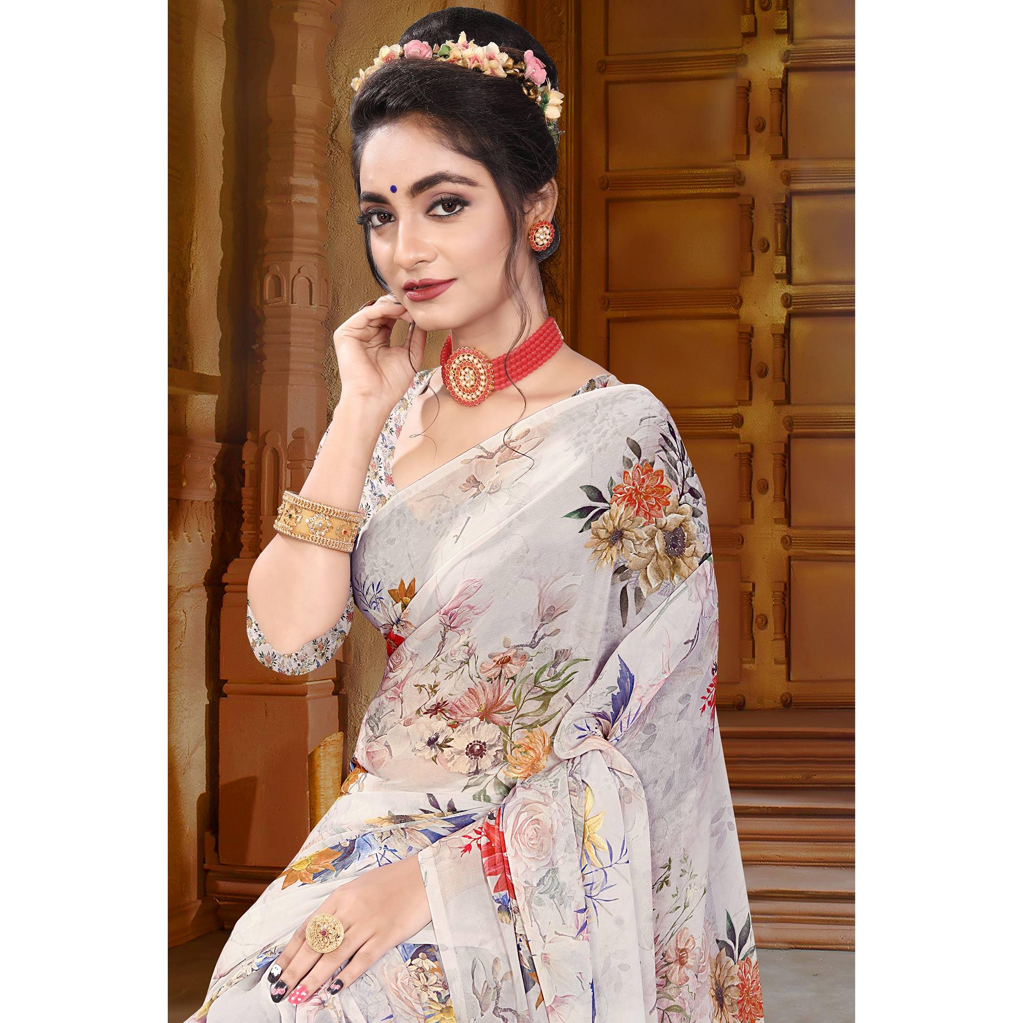 White Digital Printed Georgette Saree - Peachmode