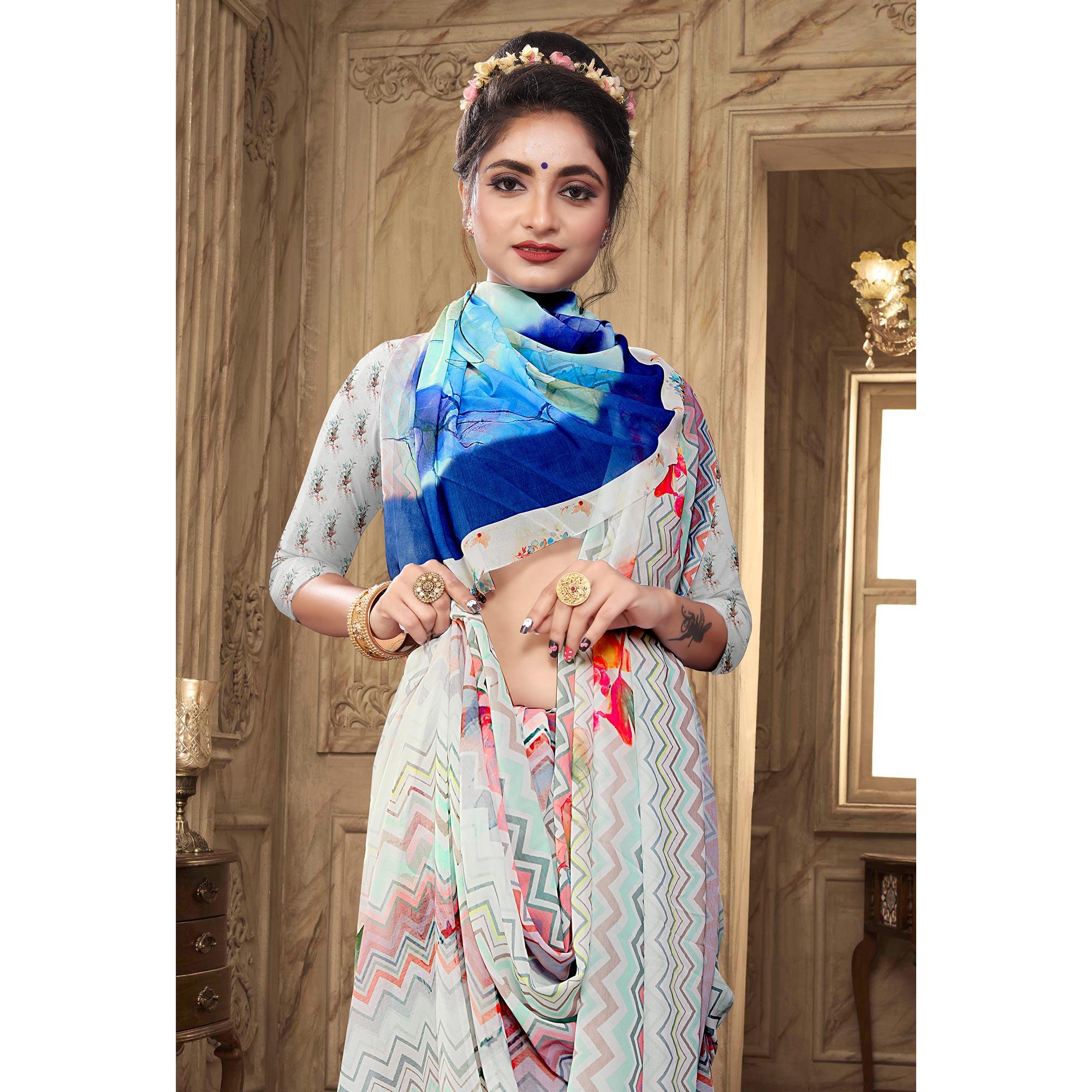 White Digital Printed Georgette Saree - Peachmode