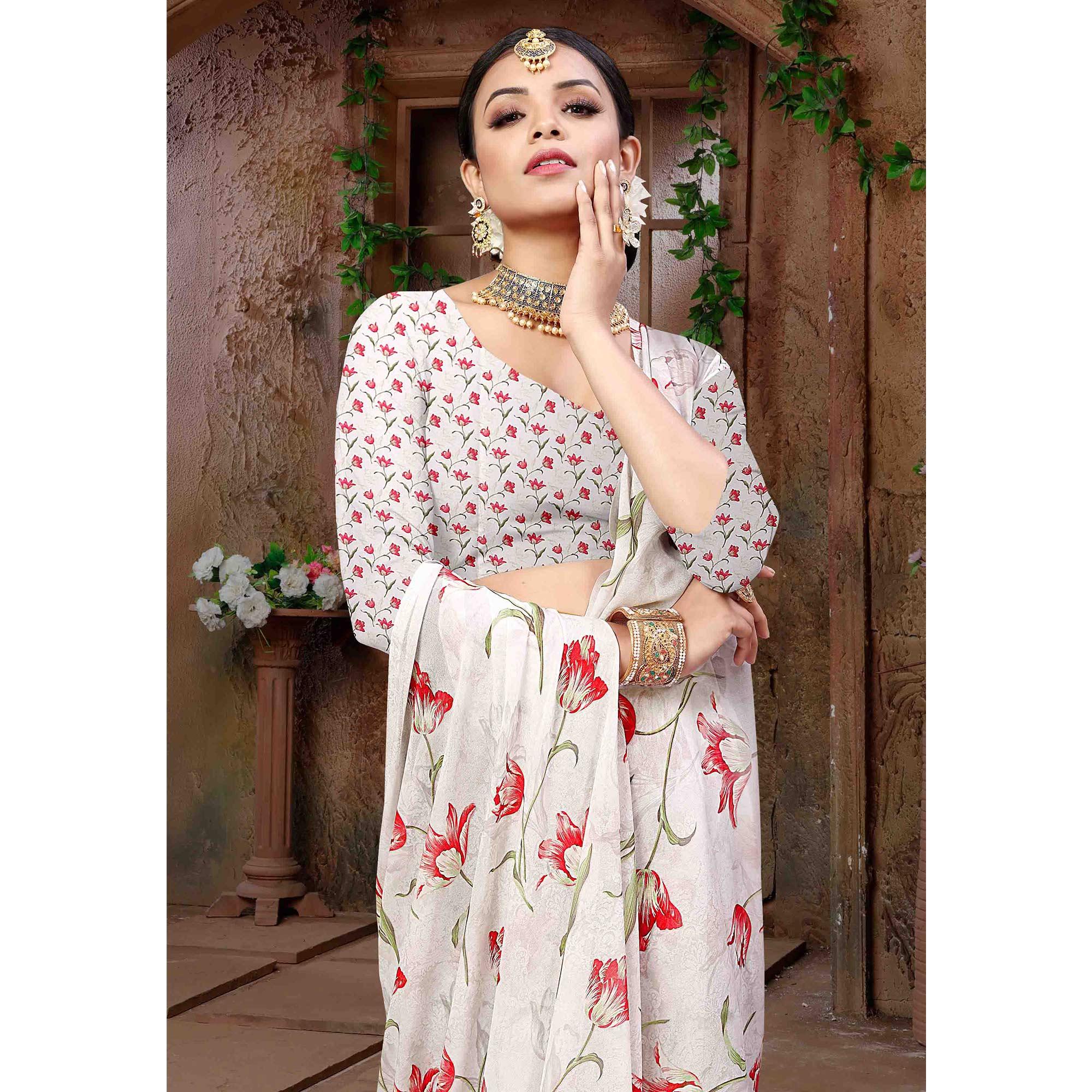 White Digital Printed Georgette Saree - Peachmode