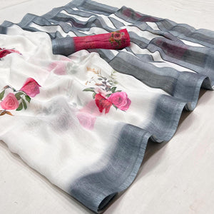 White Digital Printed Linen Saree - Peachmode