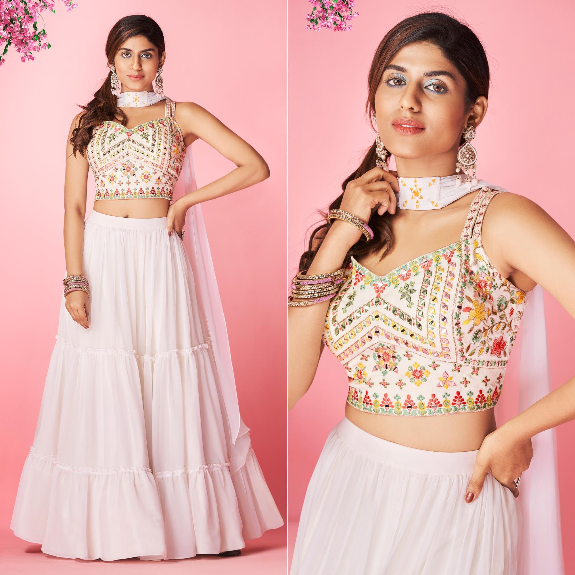 White Embellished With Embroidered Chiffon Lehenga Choli - Peachmode