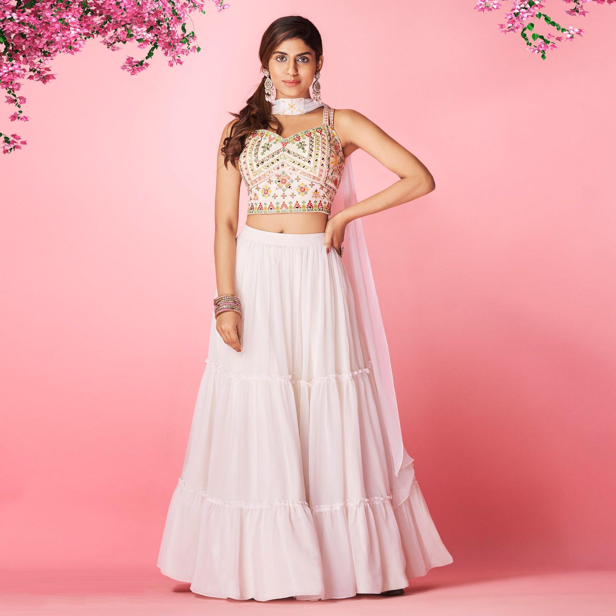 White Embellished With Embroidered Chiffon Lehenga Choli - Peachmode