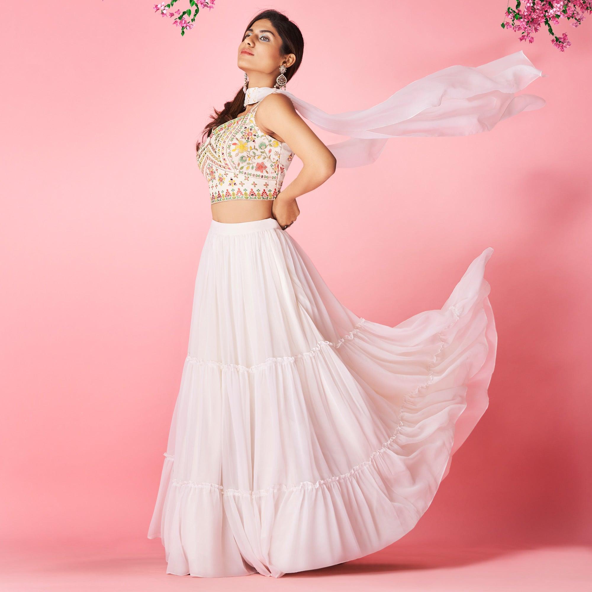 White Embellished With Embroidered Chiffon Lehenga Choli - Peachmode