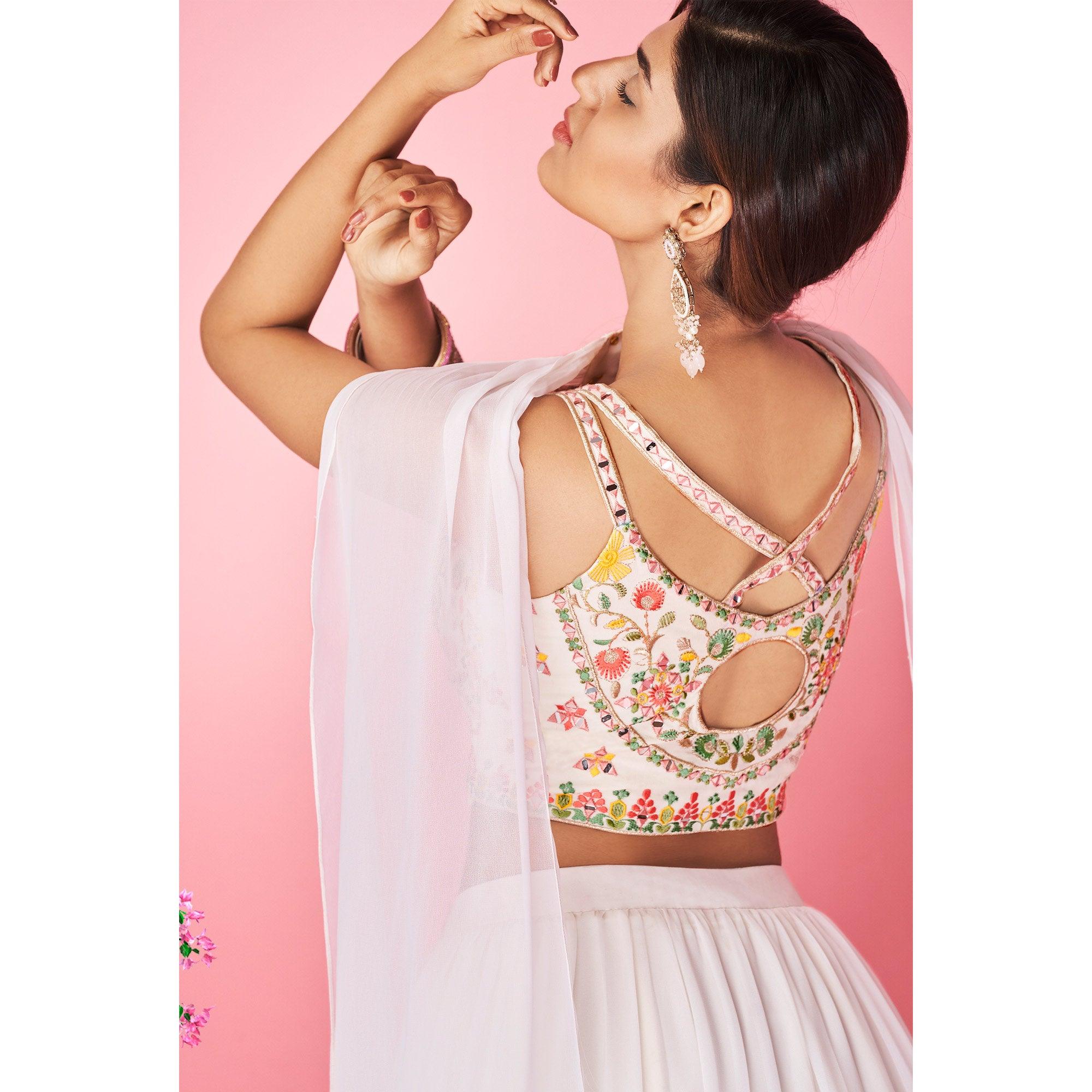 White Embellished With Embroidered Chiffon Lehenga Choli - Peachmode