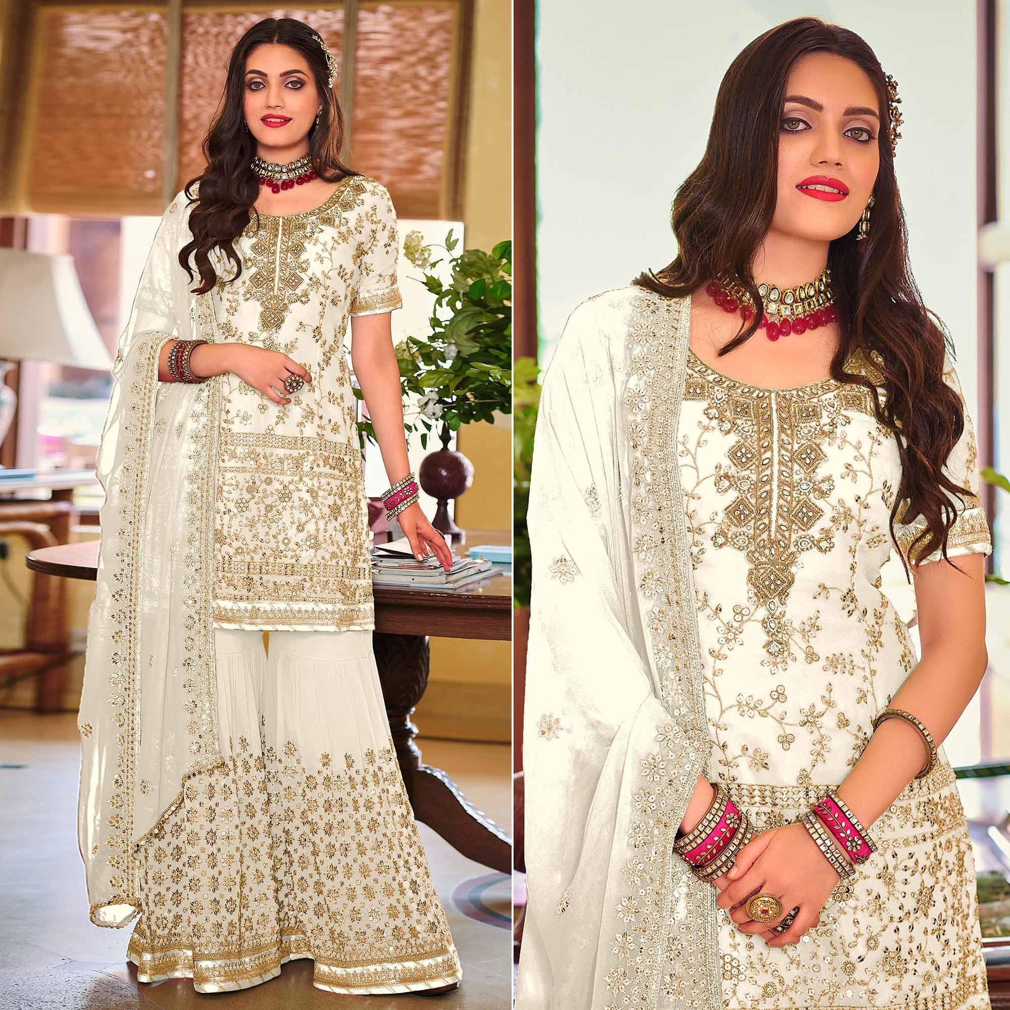 White Embellished With Embroidered Georgette Sharara Suit - Peachmode