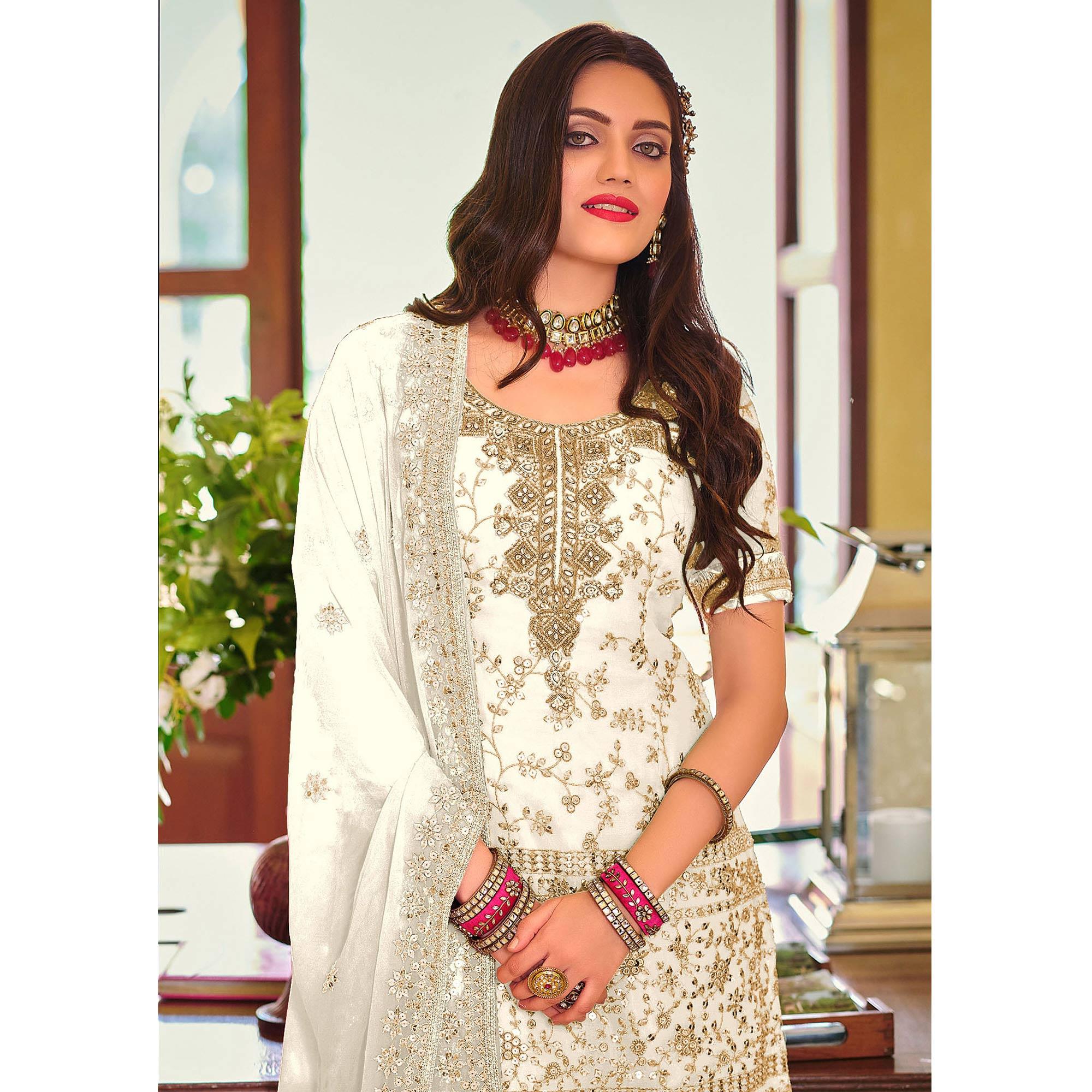 White Embellished With Embroidered Georgette Sharara Suit - Peachmode