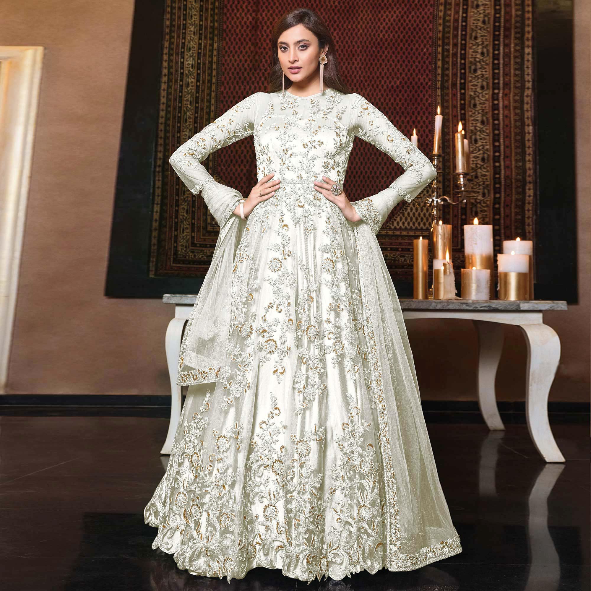 White Embellished With Embroidered Net Anarkali Suit - Peachmode