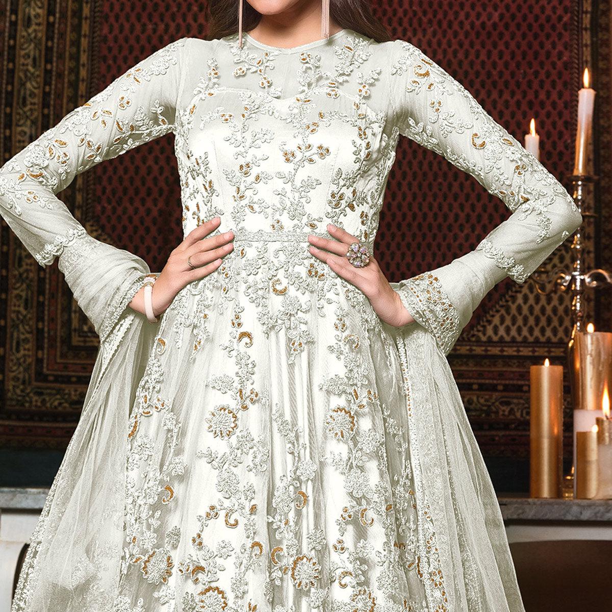 White Embellished With Embroidered Net Anarkali Suit - Peachmode