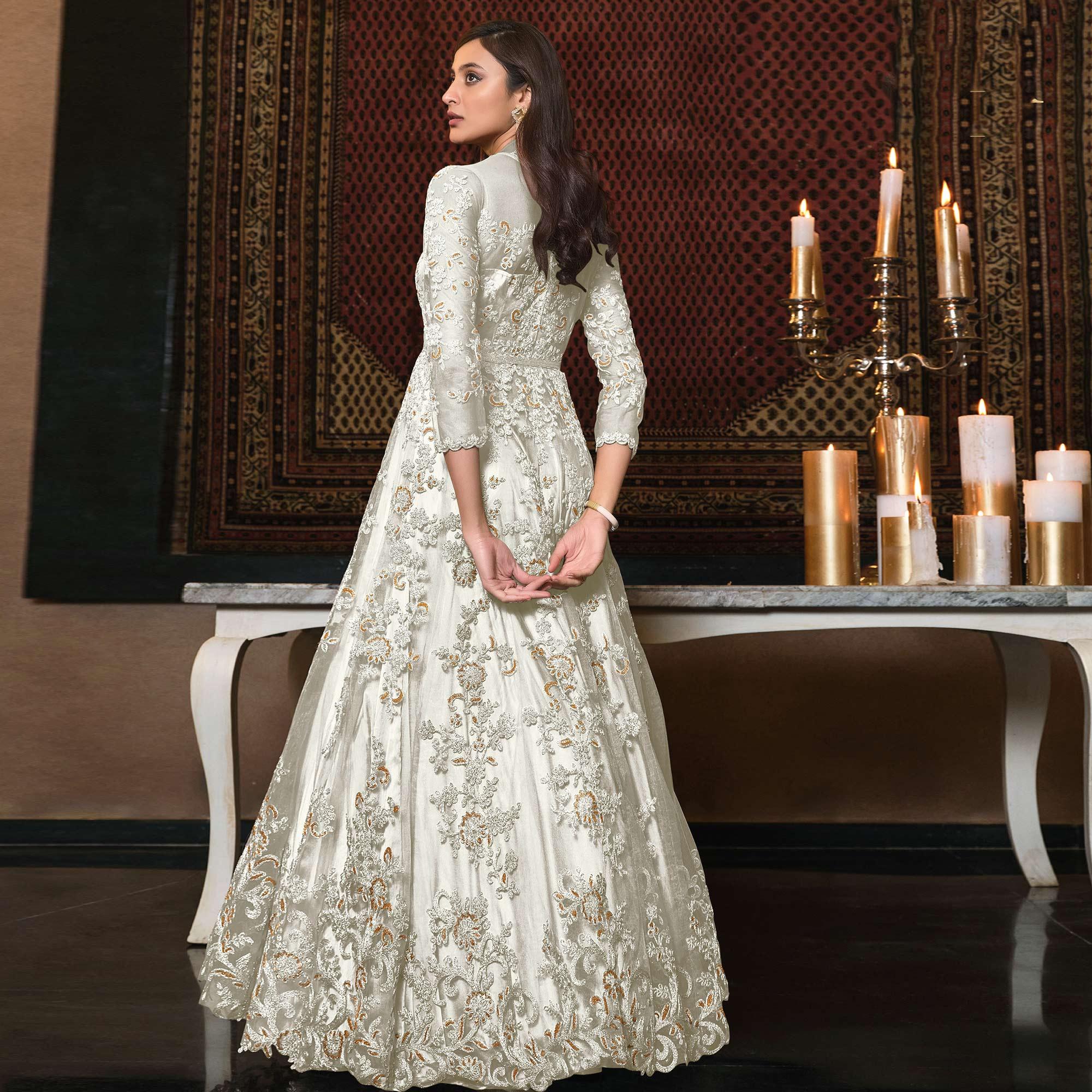 White Embellished With Embroidered Net Anarkali Suit - Peachmode