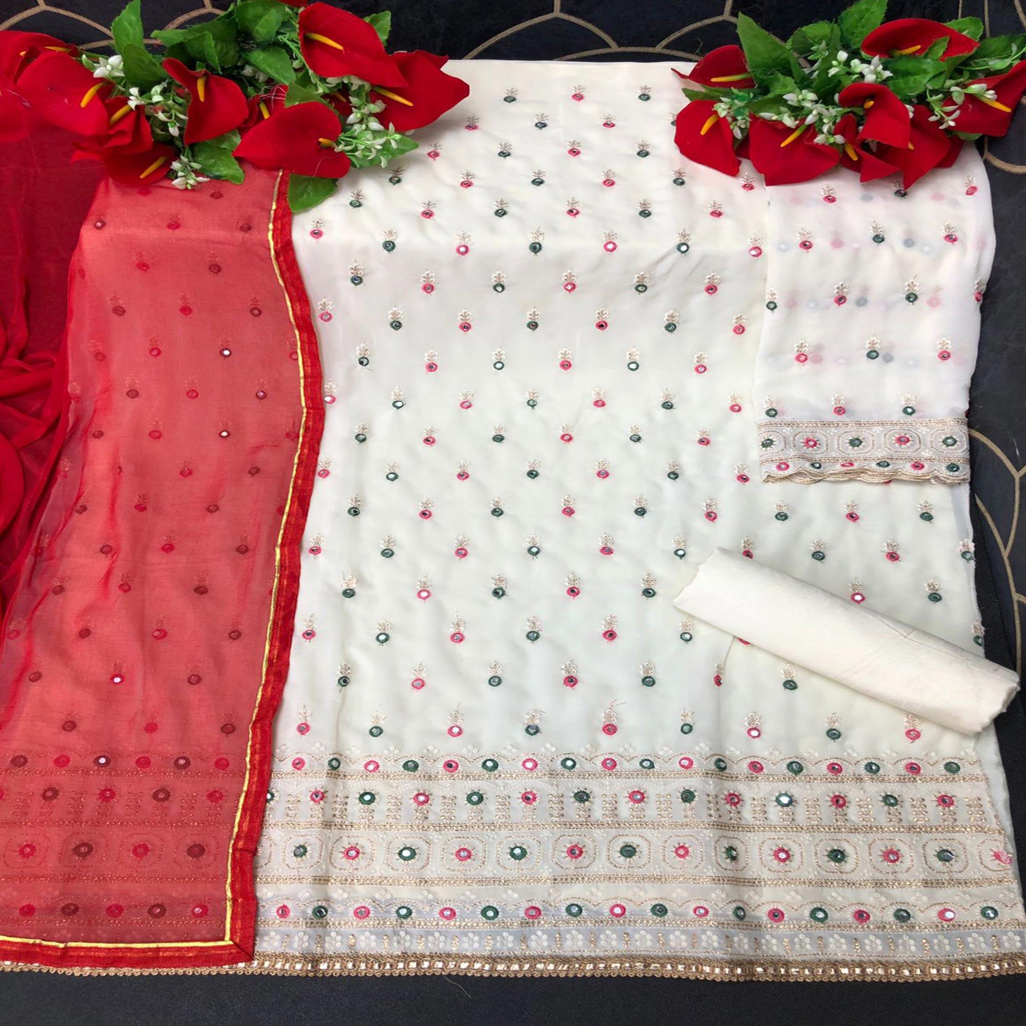 White Embroidered Faux Georgette Partywear Patiyala Suit - Peachmode