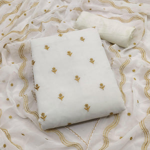 White Embroidered Georgette Dress Material - Peachmode