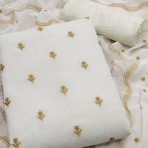 White Embroidered Georgette Dress Material - Peachmode