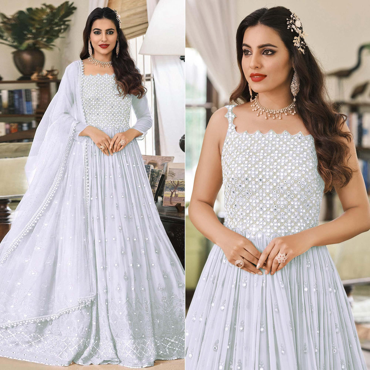 White Embroidered With Embellished Georgette Anarkali Style Gown