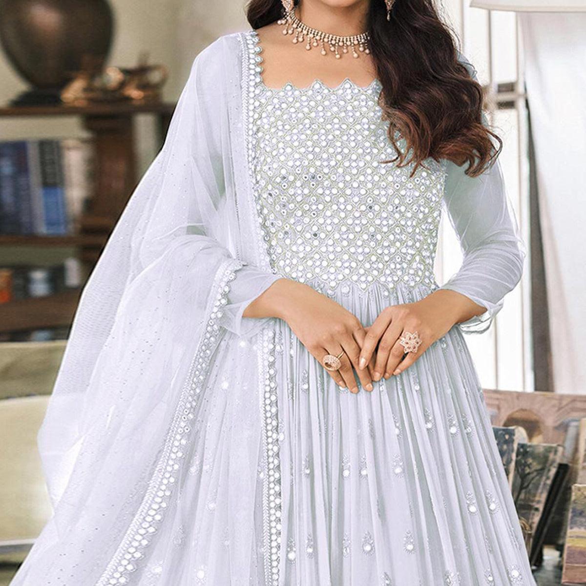 White Embroidered Georgette Gown - Peachmode