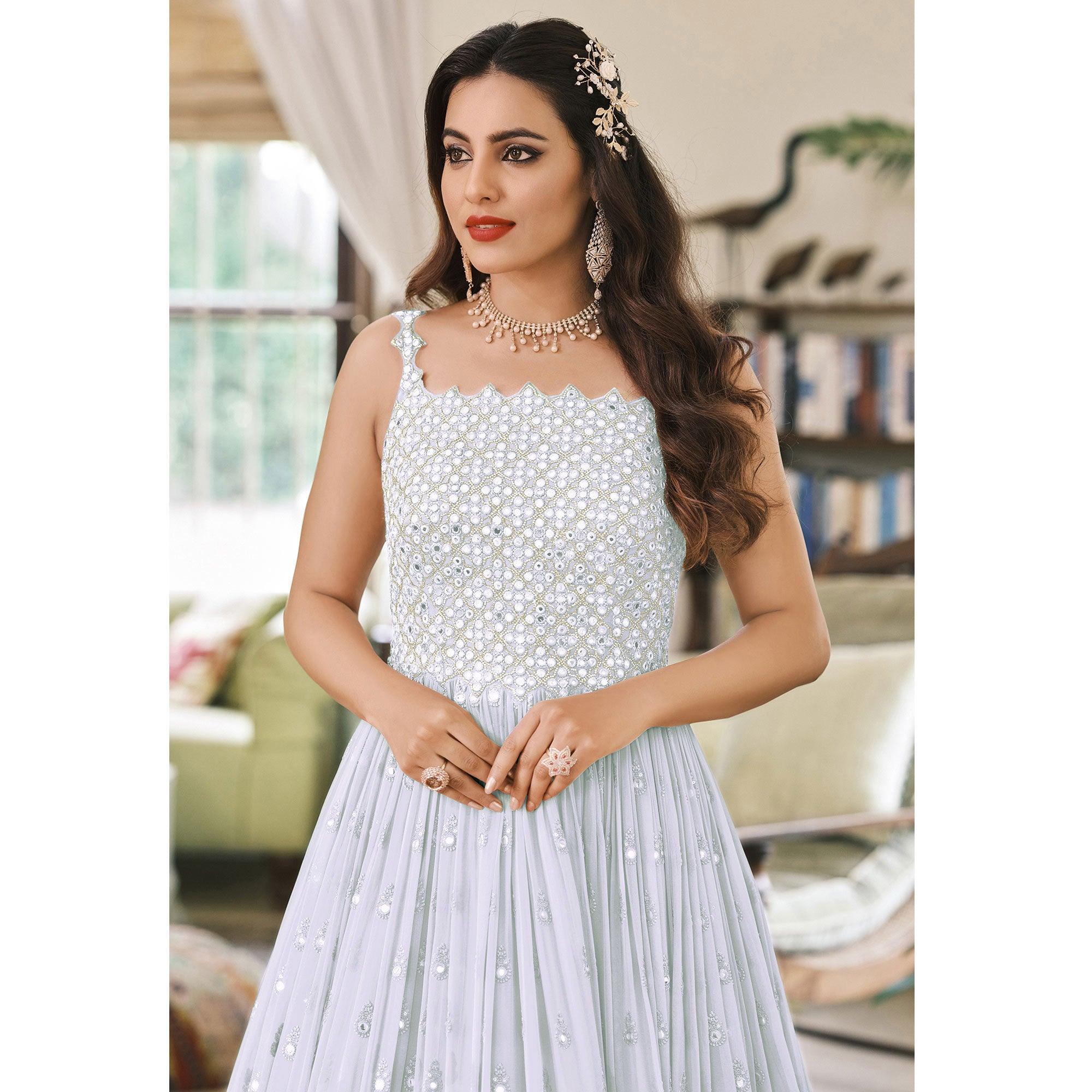 White Embroidered Georgette Gown - Peachmode