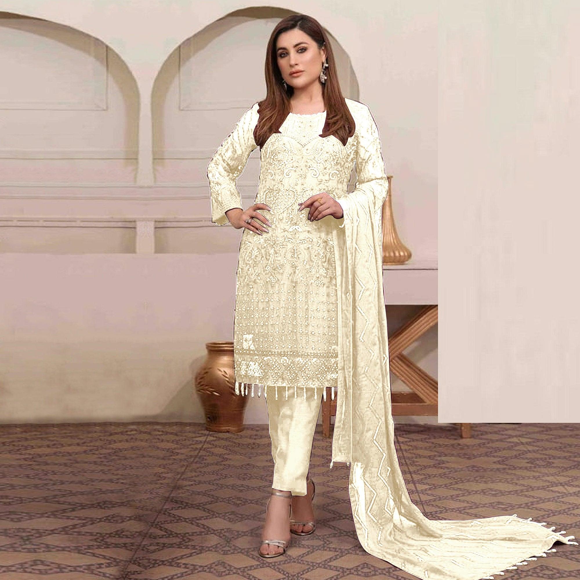 White Embroidered Georgette Pakistani Suit - Peachmode