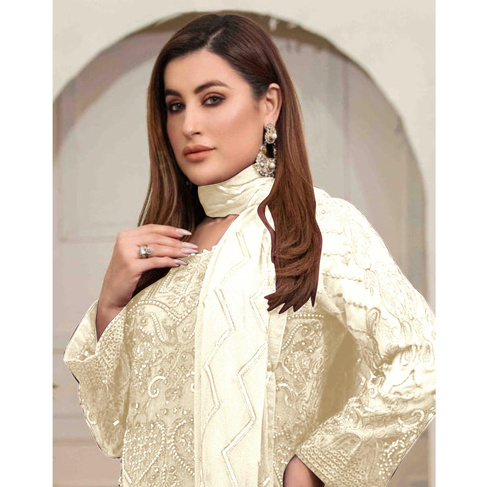 White Embroidered Georgette Pakistani Suit - Peachmode