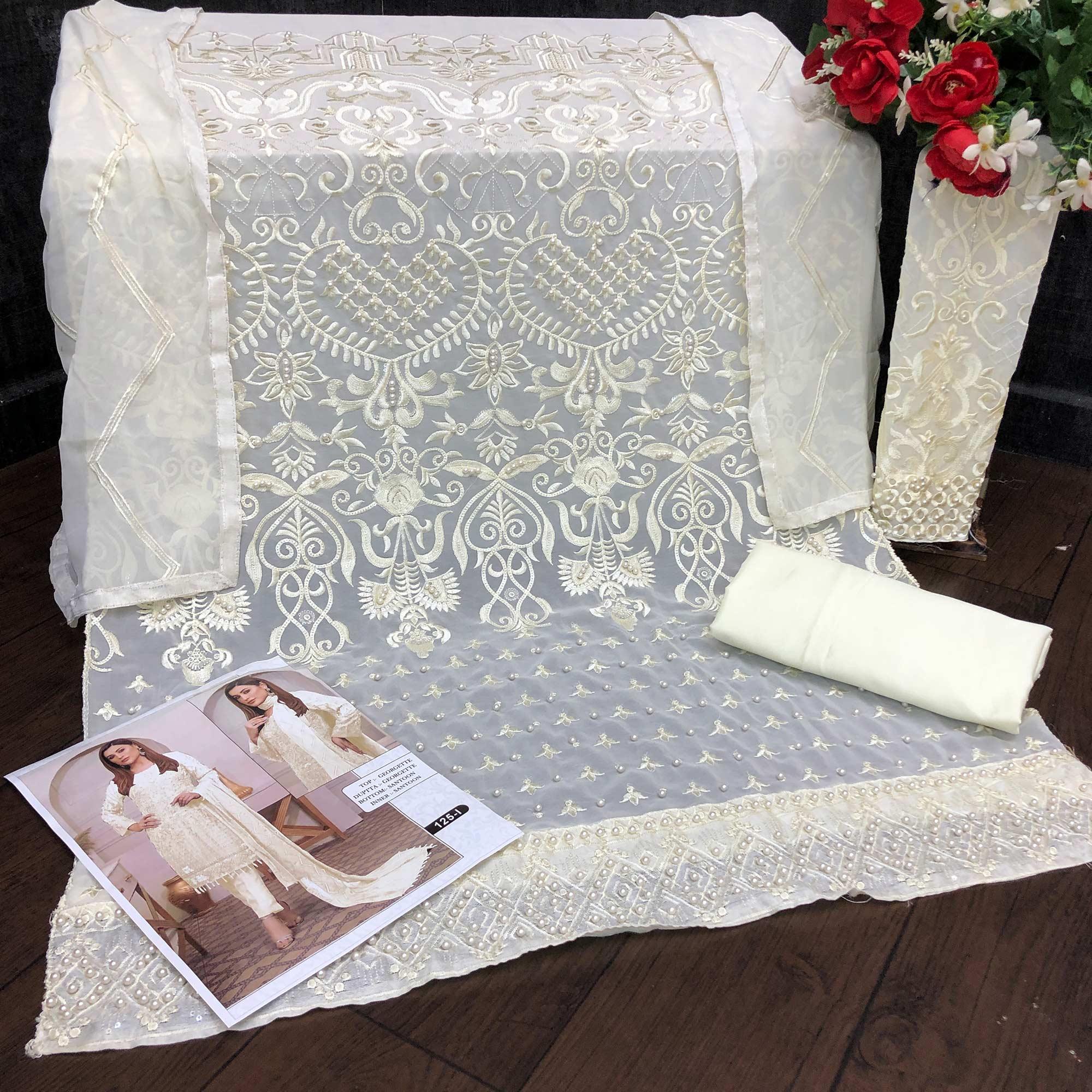 White Embroidered Georgette Pakistani Suit - Peachmode