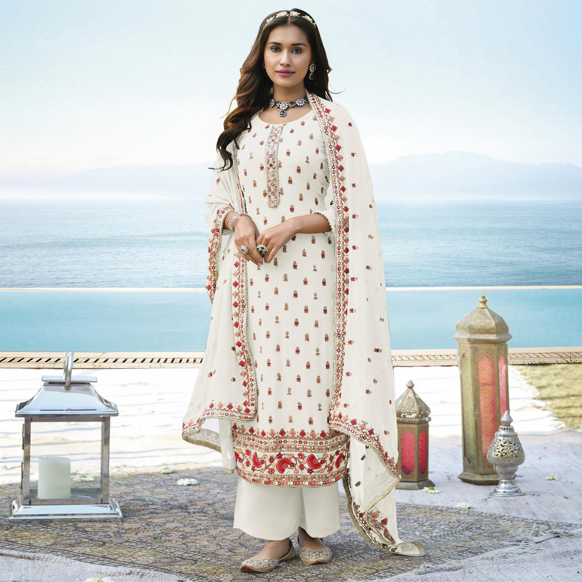 White Embroidered Georgette Palazzo Suit - Peachmode