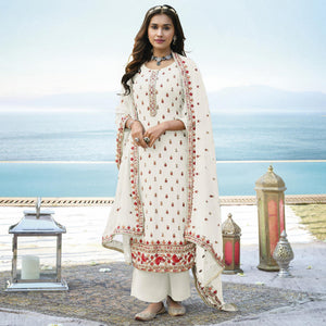 White Embroidered Georgette Palazzo Suit - Peachmode