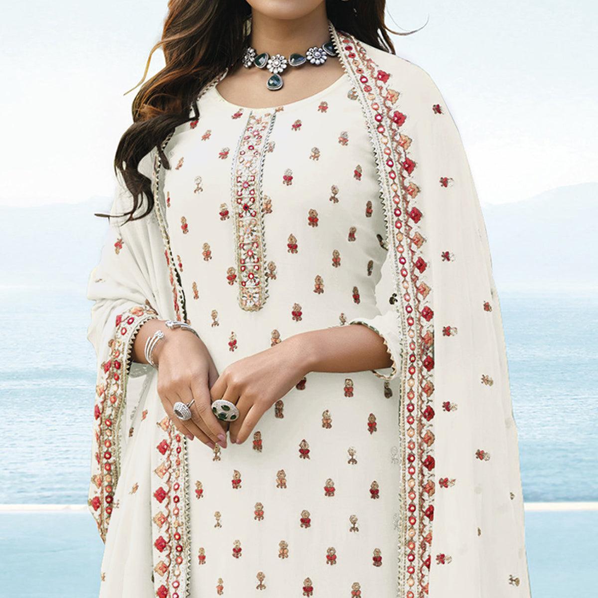 White Embroidered Georgette Palazzo Suit - Peachmode