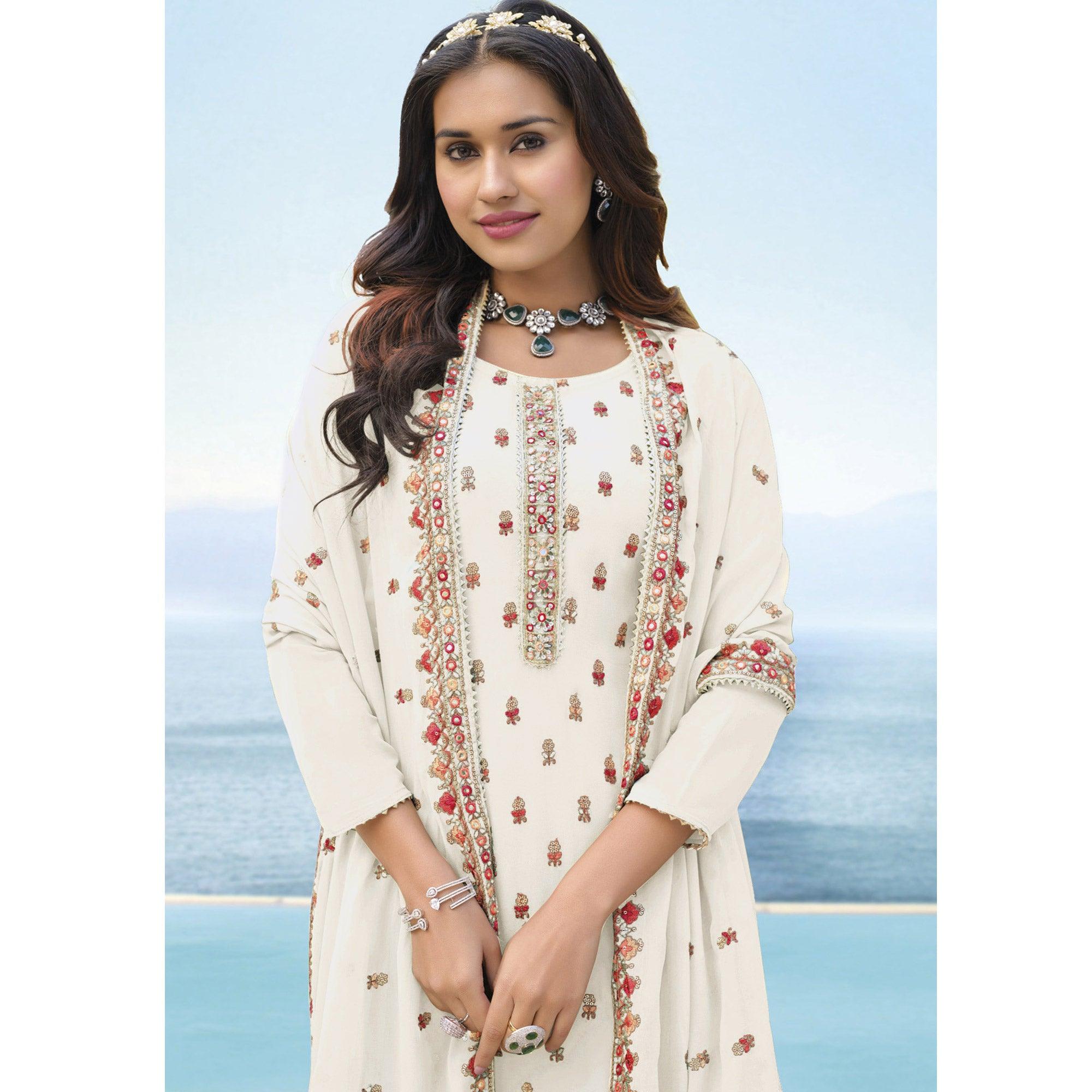 White Embroidered Georgette Palazzo Suit - Peachmode