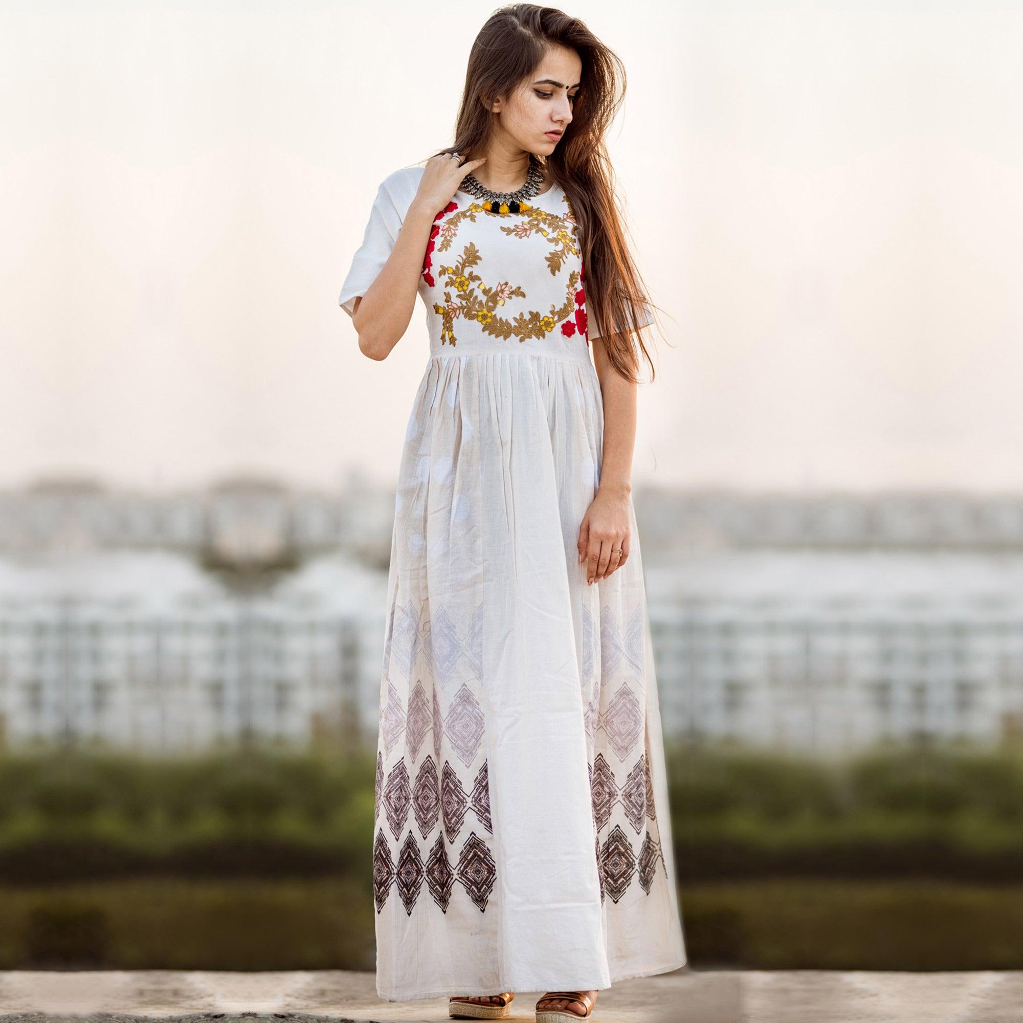 White Embroidered Linen Long Kurti - Peachmode