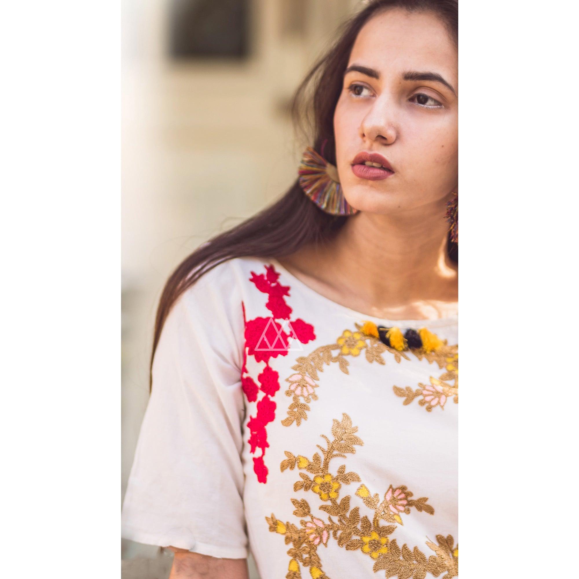 White Embroidered Linen Long Kurti - Peachmode