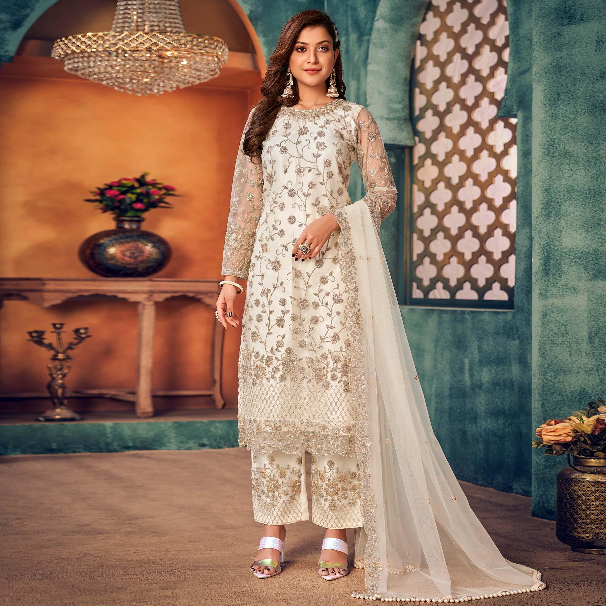 White Embroidered Netted Pakistani Suit - Peachmode