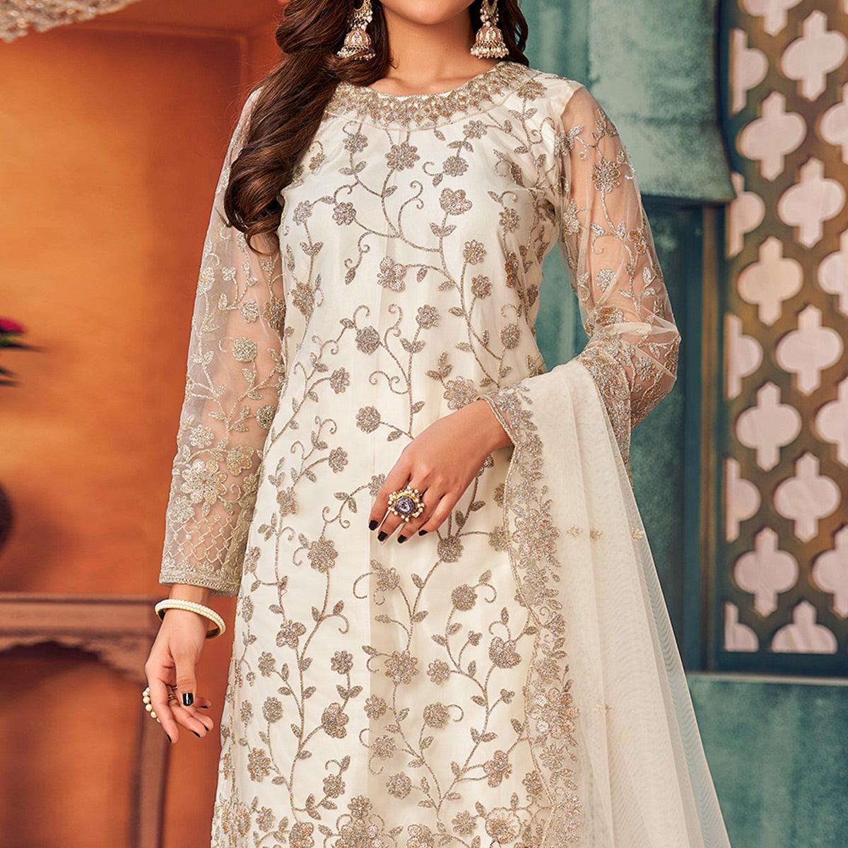 White Embroidered Netted Pakistani Suit - Peachmode