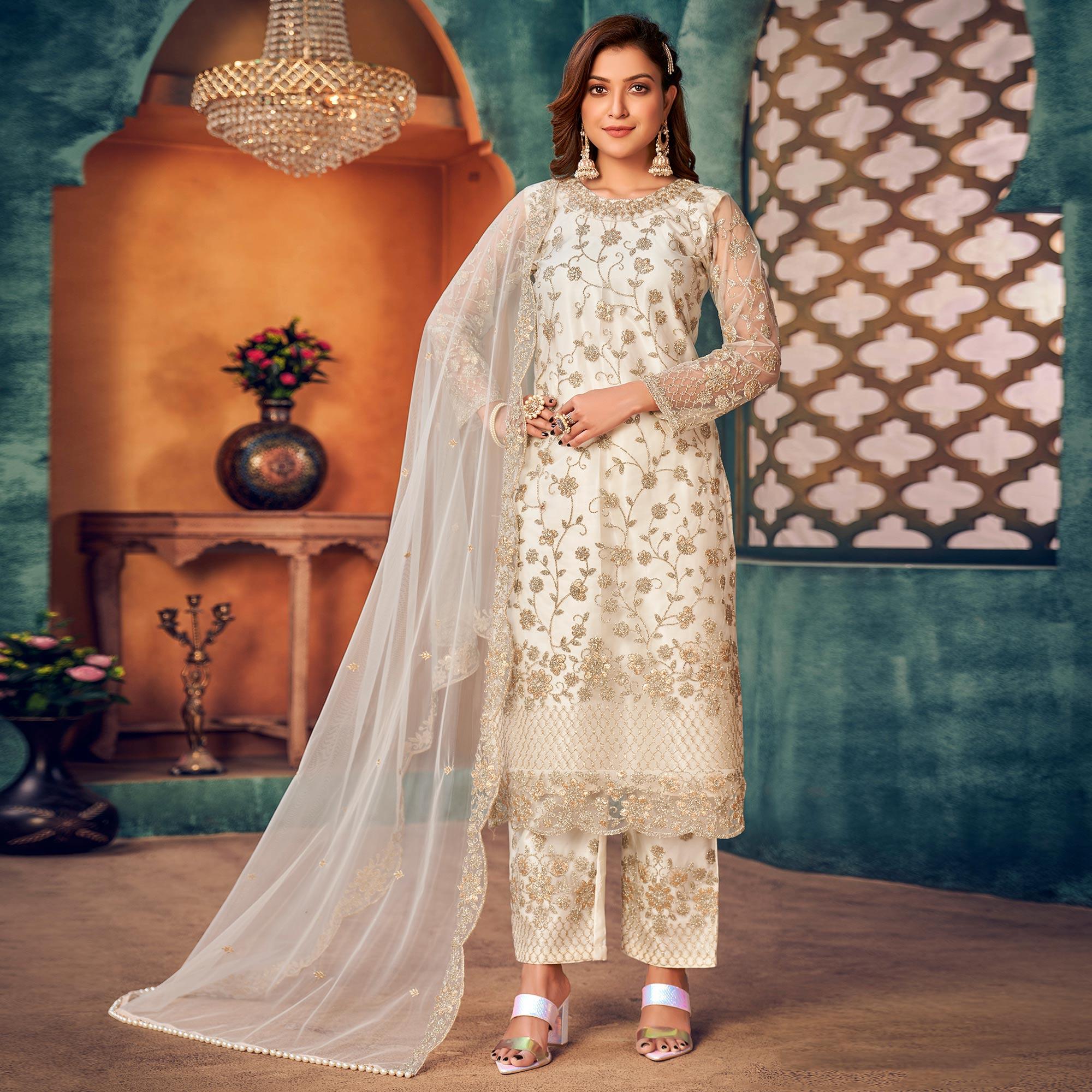 White Embroidered Netted Pakistani Suit - Peachmode