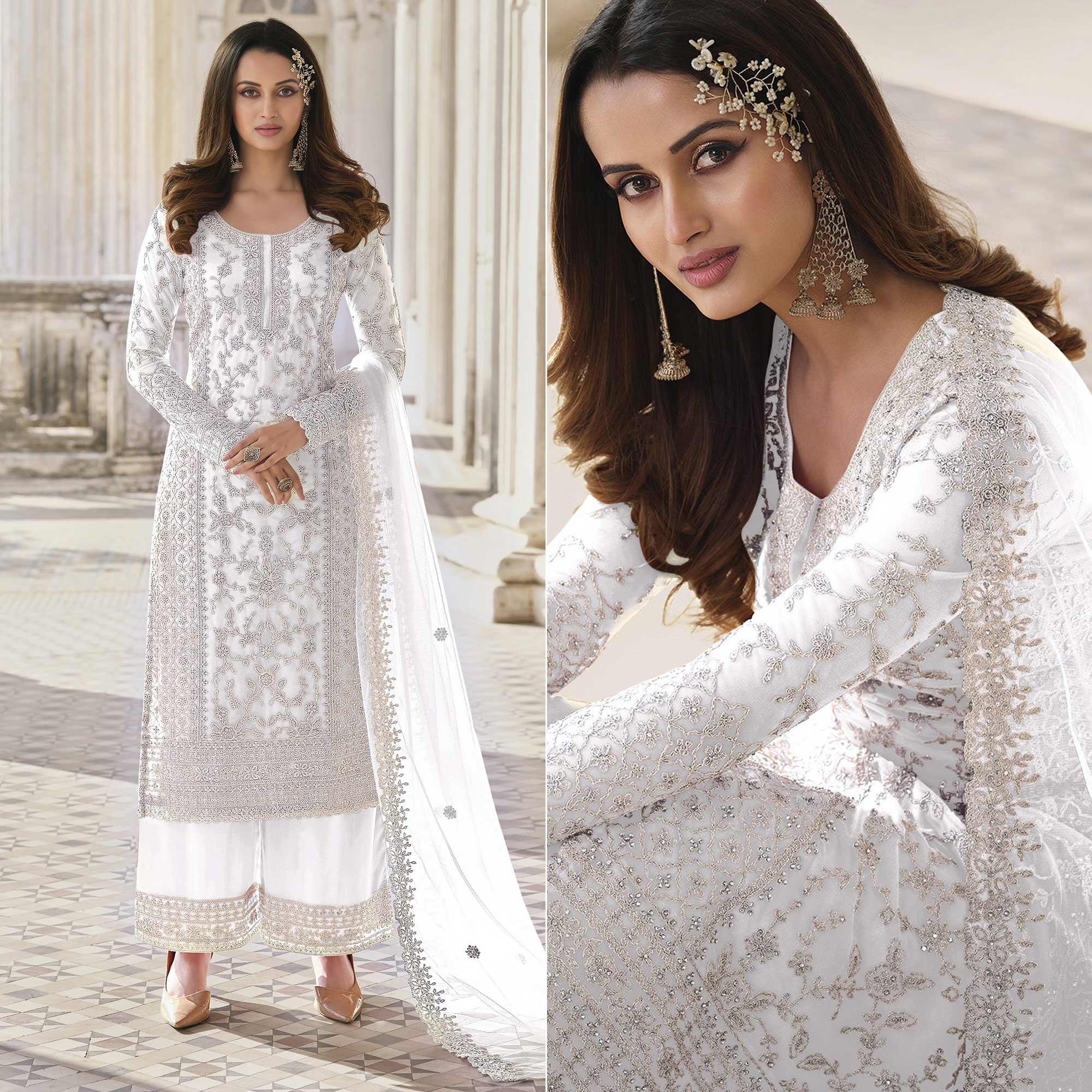 White Embroidered Netted Palazzo Suit - Peachmode