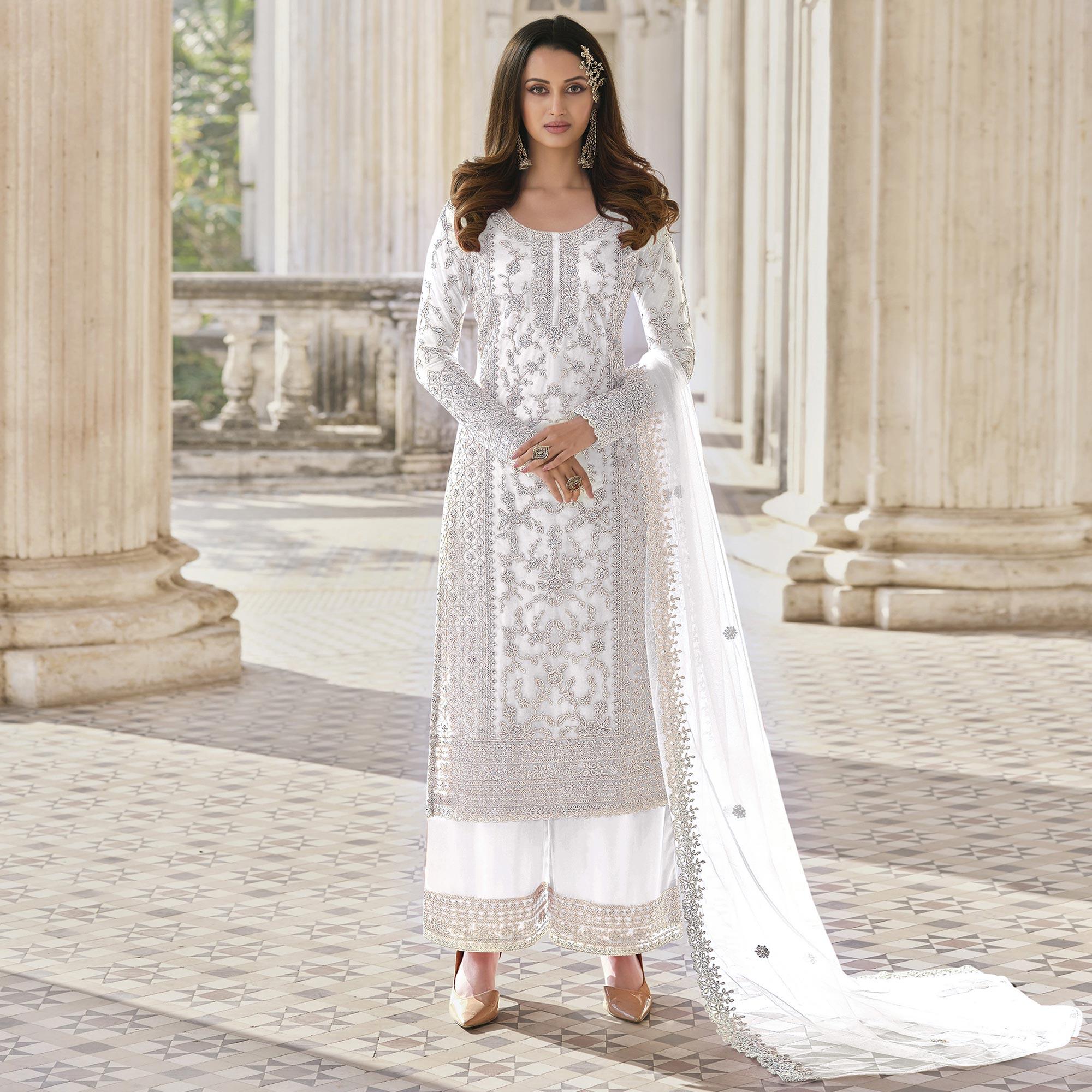 White Embroidered Netted Palazzo Suit - Peachmode