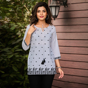 White Embroidered Pure Cotton Top - Peachmode