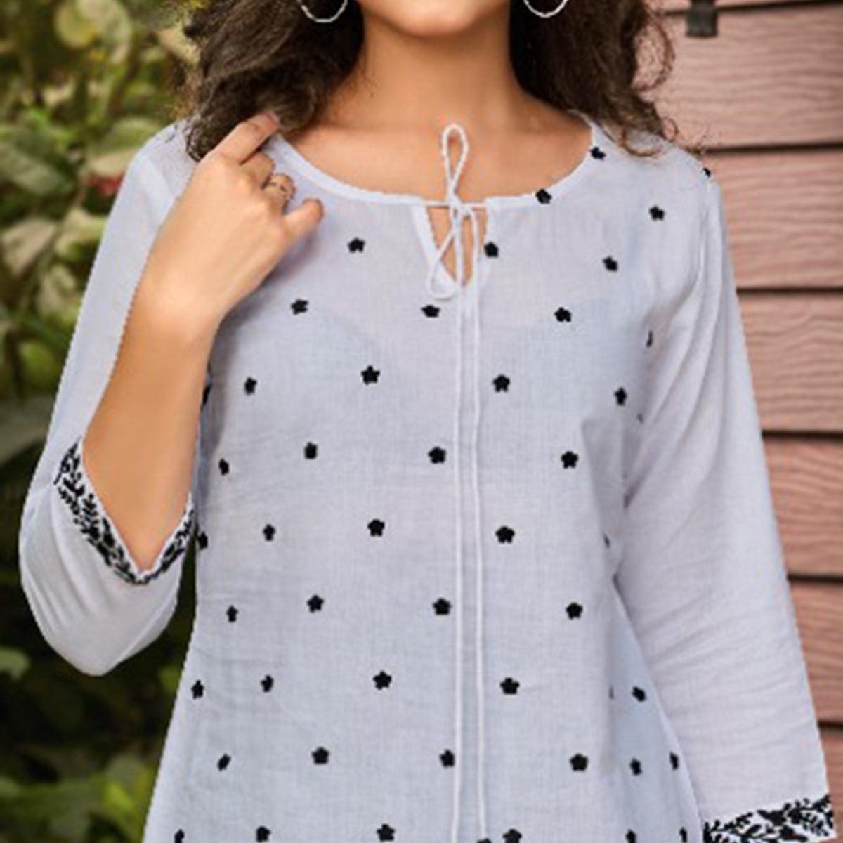 White Embroidered Pure Cotton Top - Peachmode