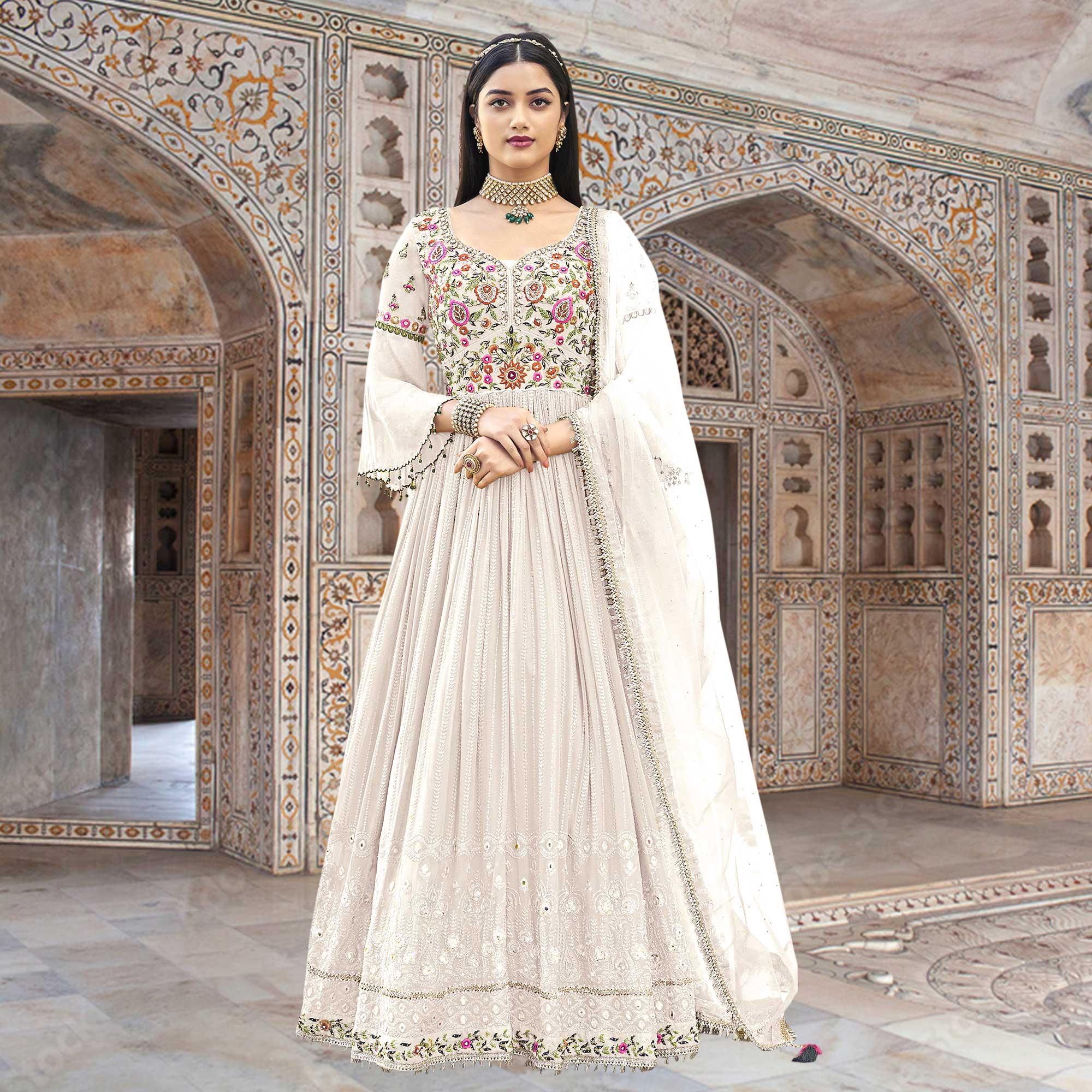 White Embroidered With Embellished Georgette Anarkali Style Gown - Peachmode