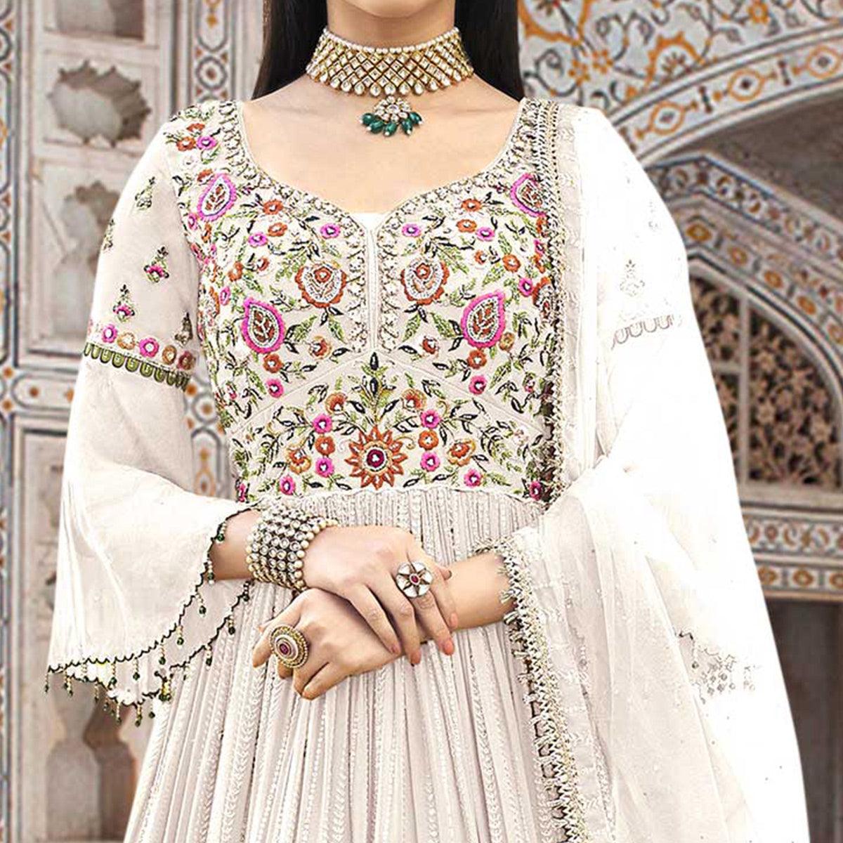 White Embroidered With Embellished Georgette Anarkali Style Gown - Peachmode