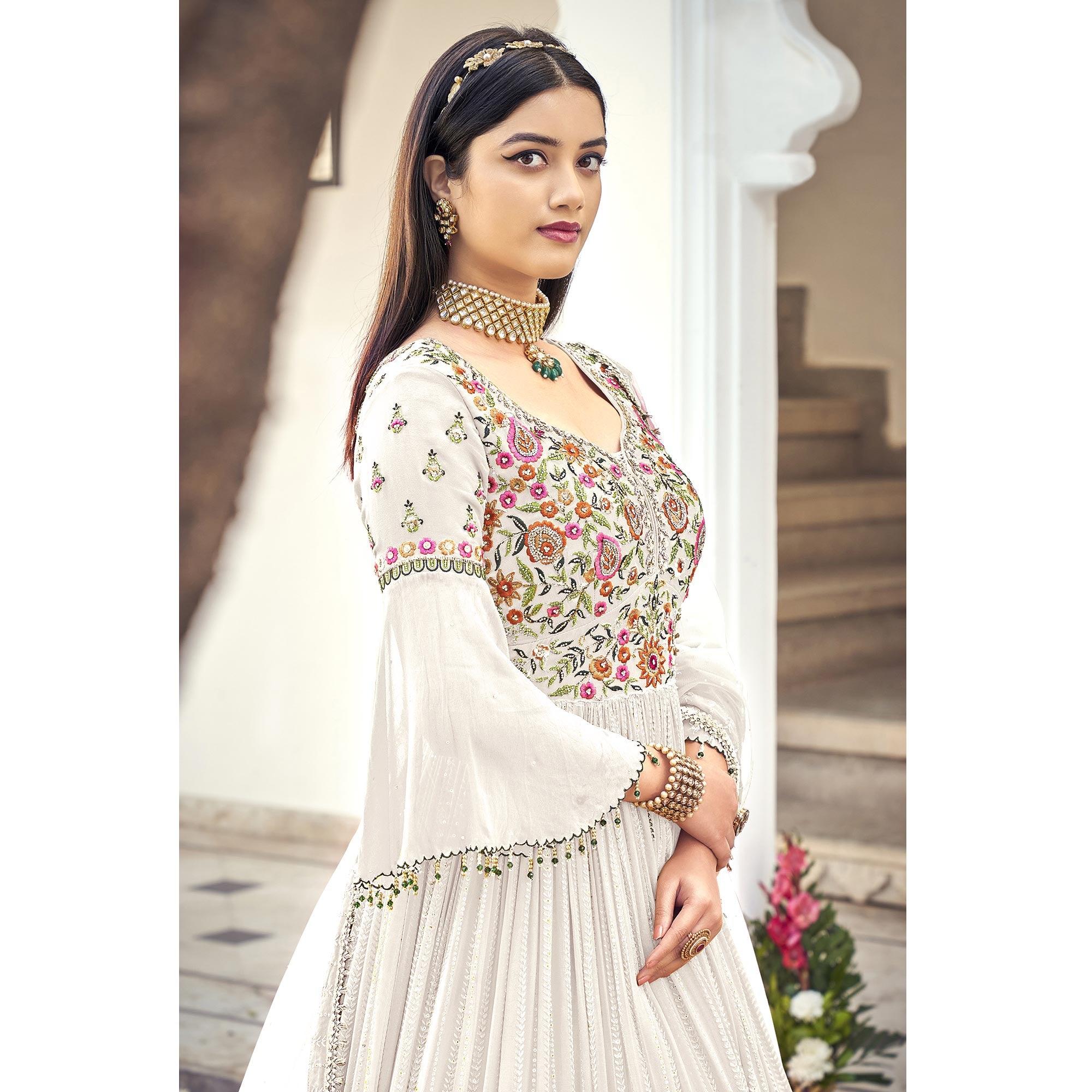 White Embroidered With Embellished Georgette Anarkali Style Gown - Peachmode