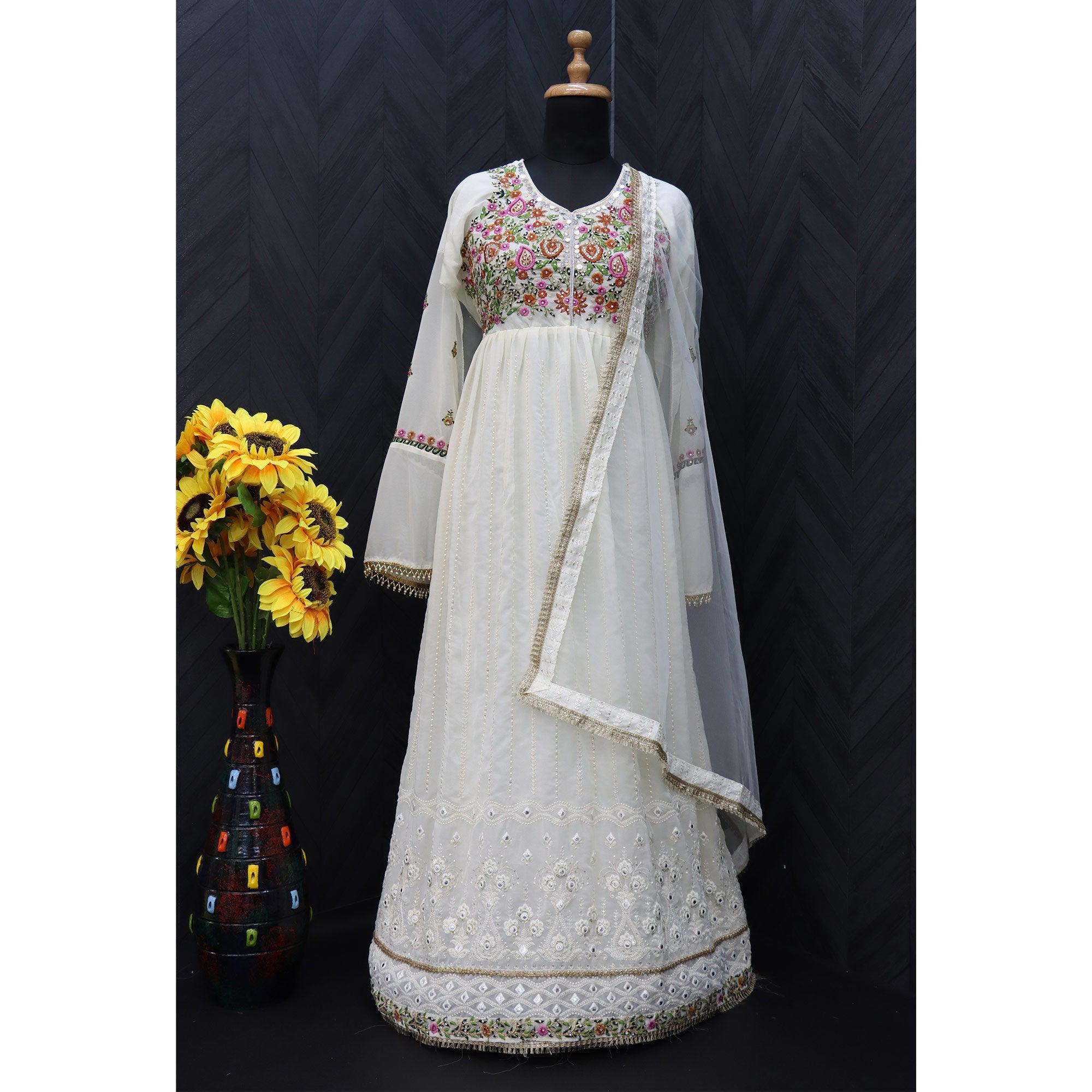 White Embroidered With Embellished Georgette Anarkali Style Gown - Peachmode